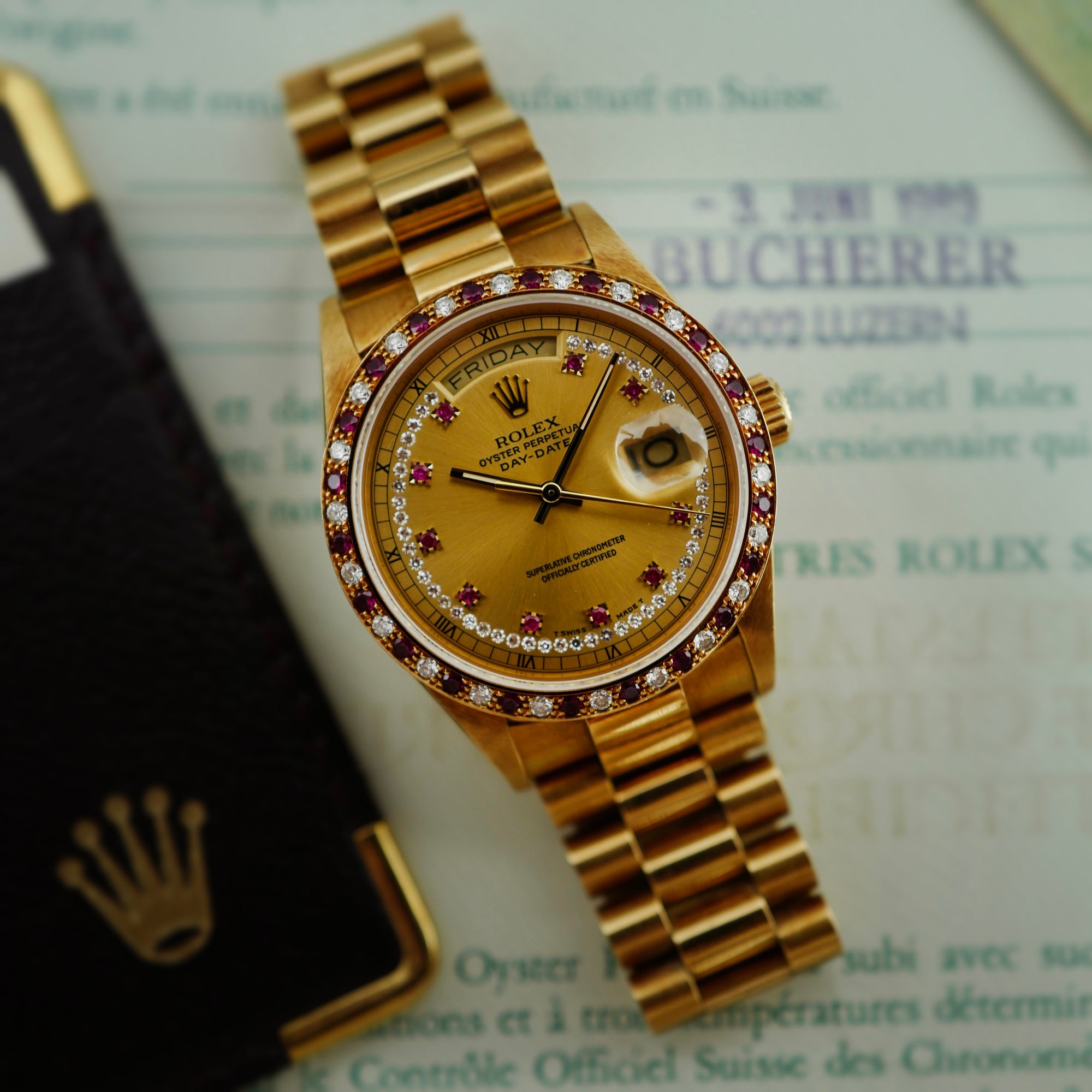 Rolex Yellow Gold Day-Date Ref. 18148 Diamond &amp; Ruby Bezel and Dial  (New Arrival)