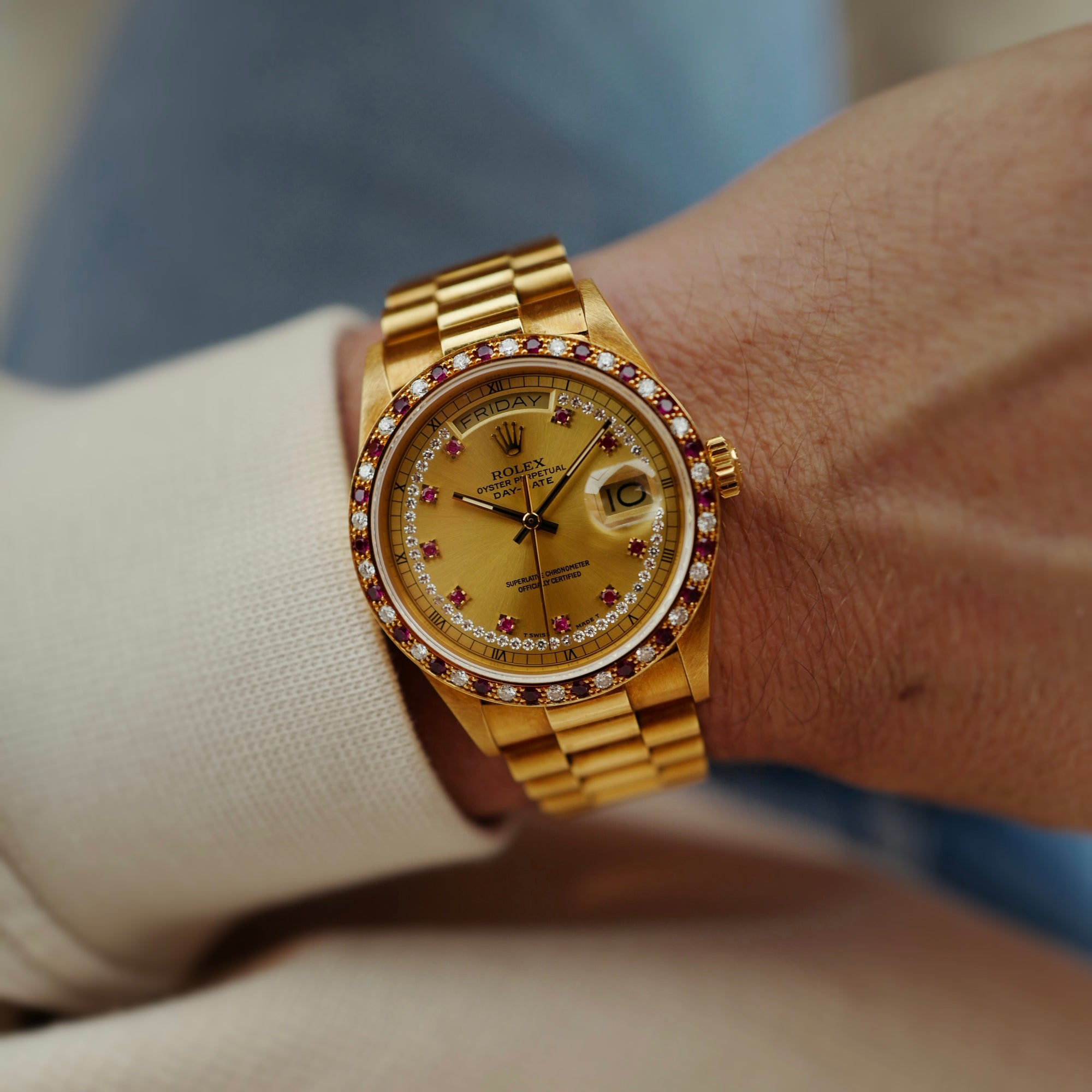 Rolex Yellow Gold Day-Date Ref. 18148 Diamond &amp; Ruby Bezel and Dial  (New Arrival)