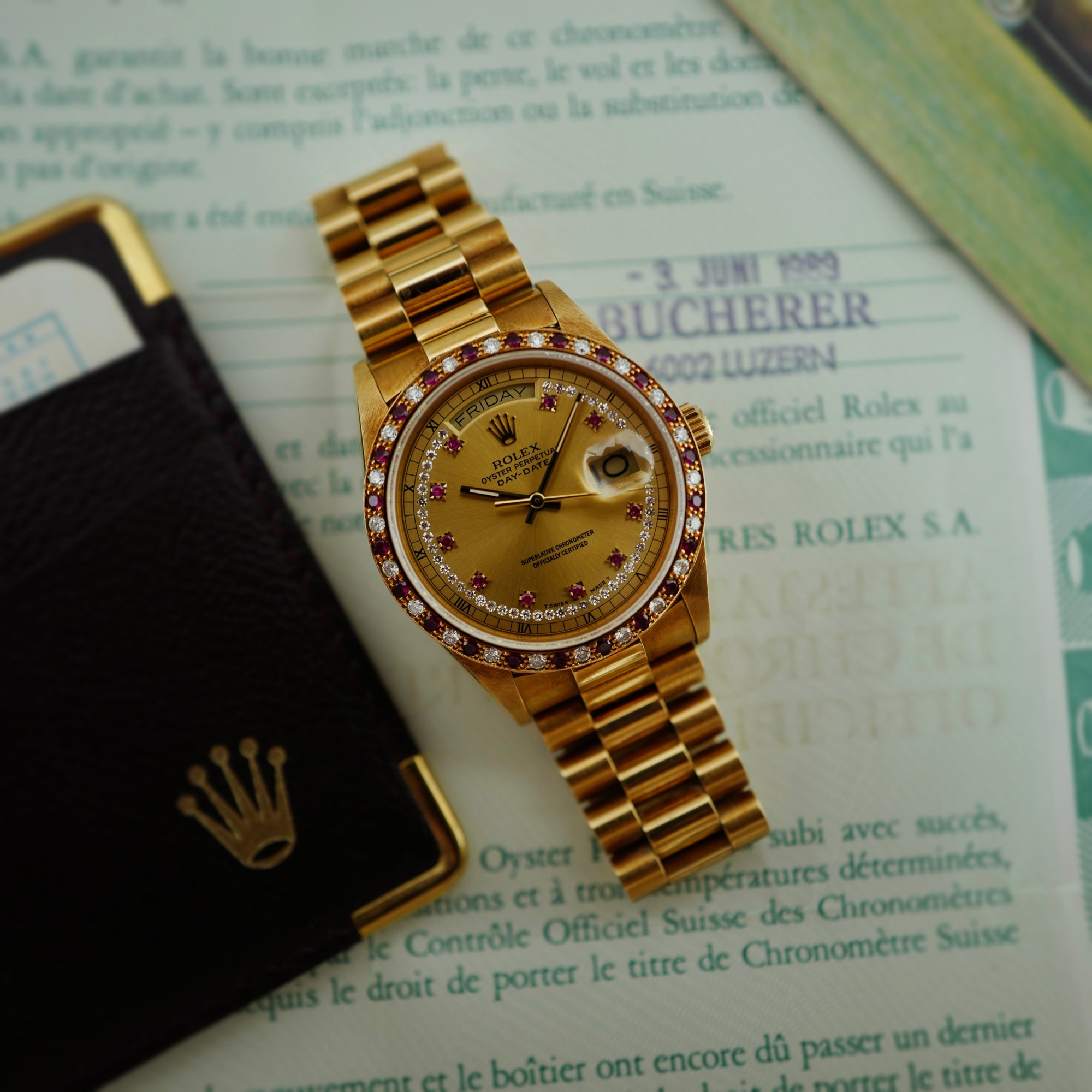 Rolex Yellow Gold Day-Date Ref. 18148 Diamond &amp; Ruby Bezel and Dial  (New Arrival)