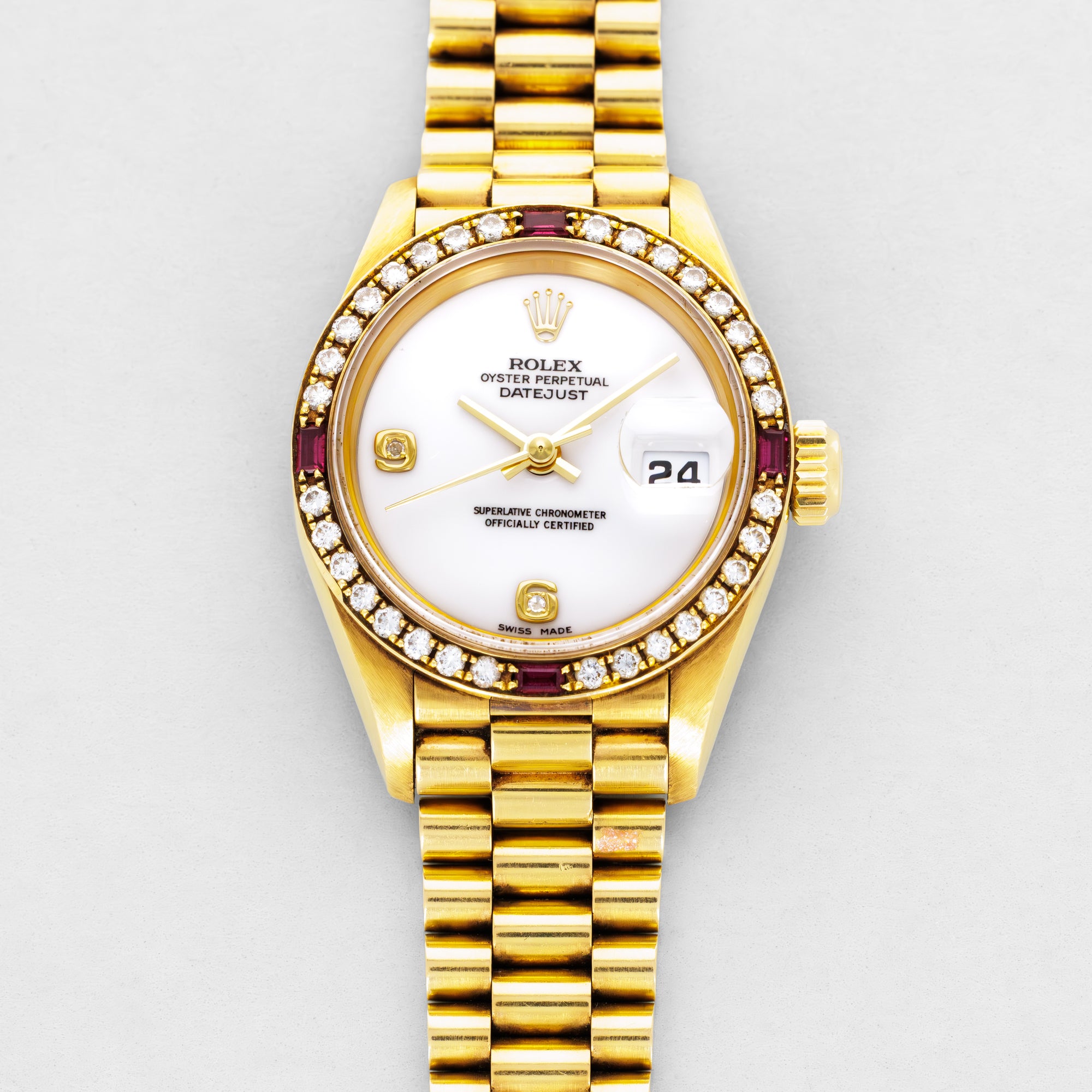 Rolex Yellow Gold Datejust Ref. 69068 with Ruby and Diamond Bezel, Cashalong Dial