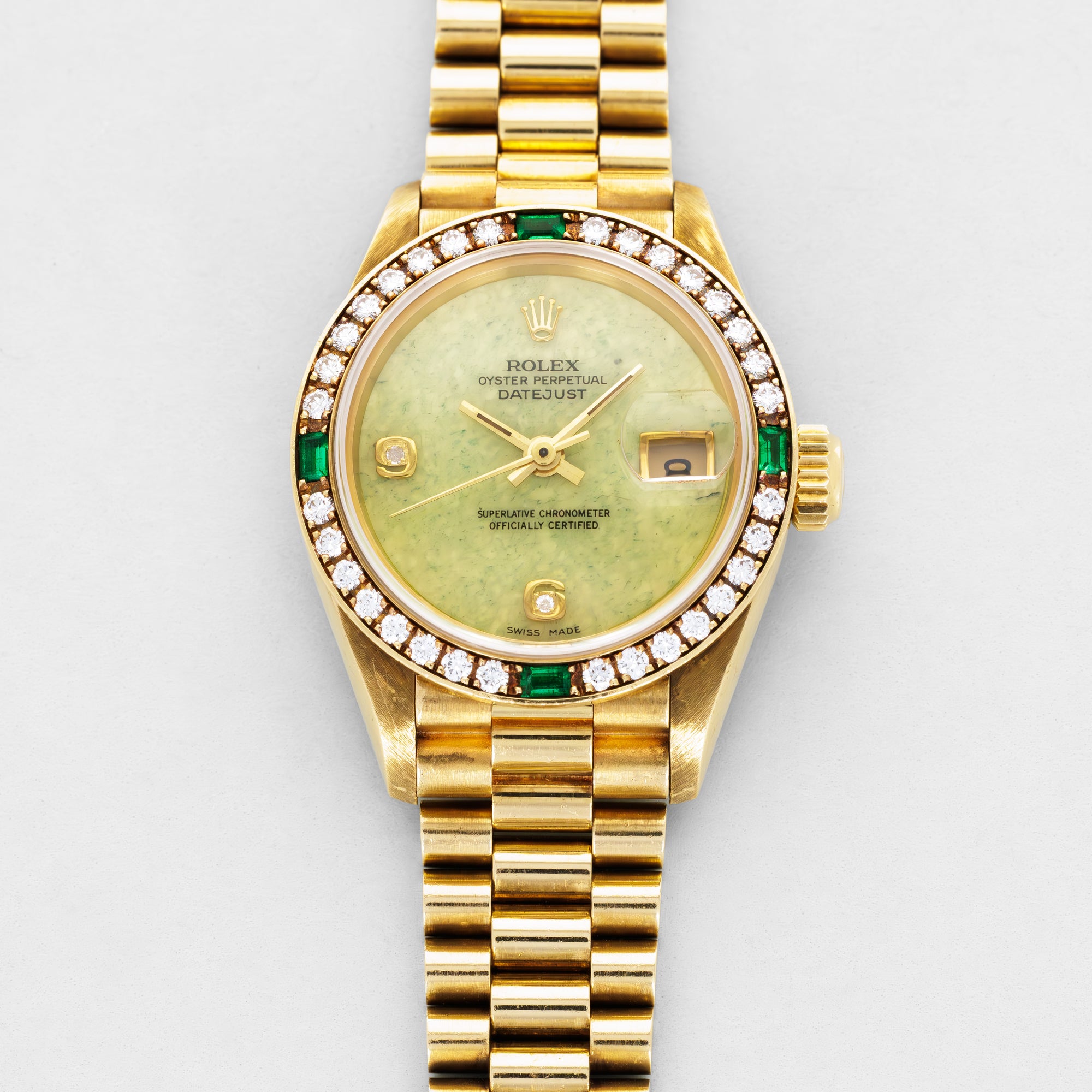 Rolex Yellow Gold Kiwi Datejust Ref. 69078 with Diamonds and Emerald Bezel
