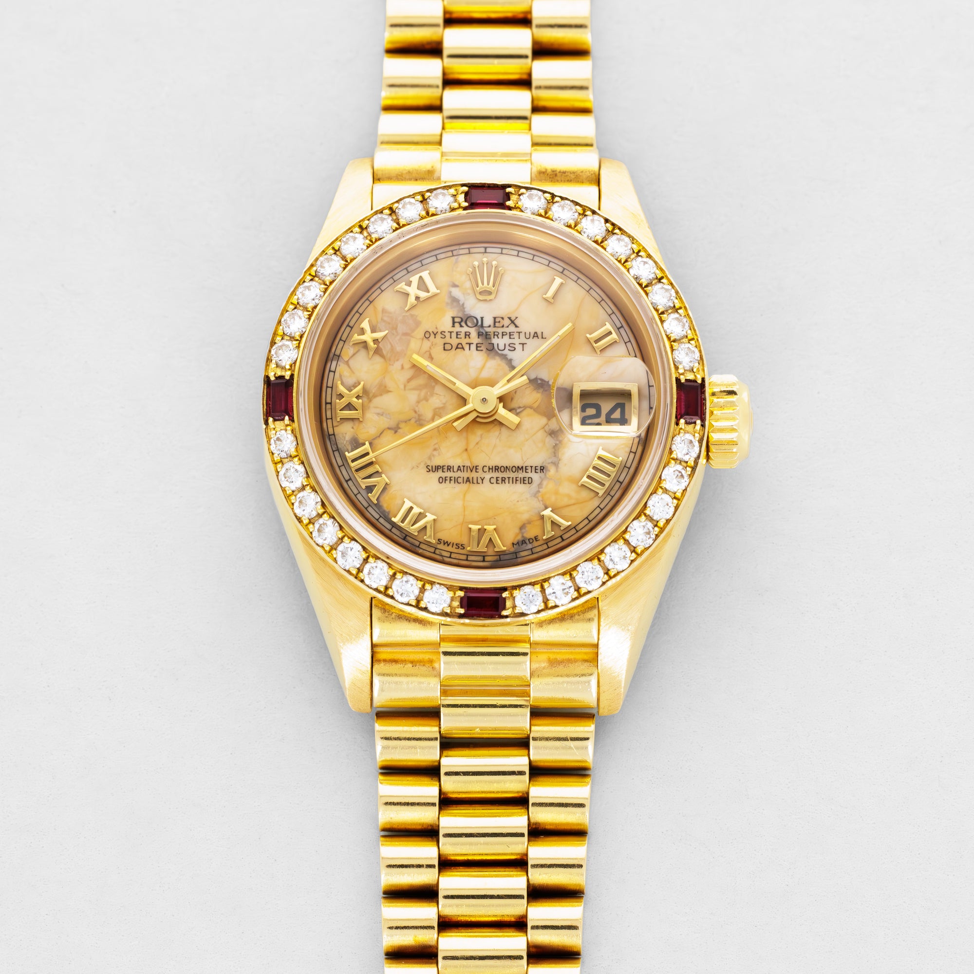 Rolex Yellow Gold Datejust Ref. 69078 with Stone Dial, Diamond & Ruby Bezel