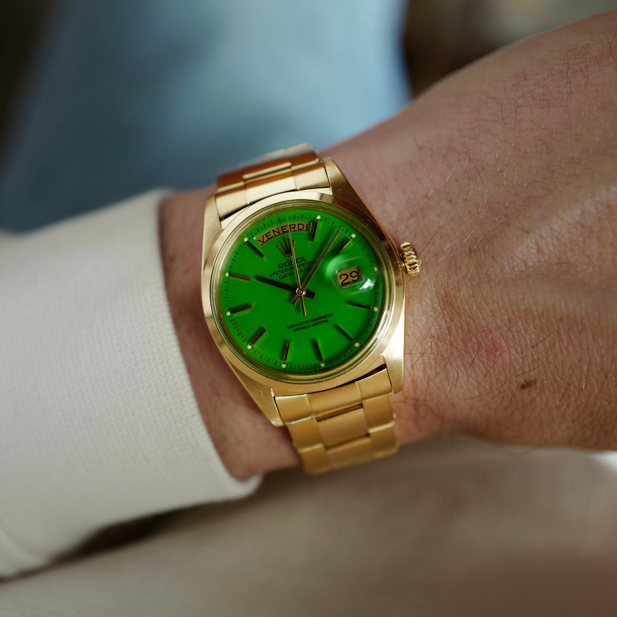 Rolex Yellow Gold Day-Date Watch Green Stella Watch Ref. 1802