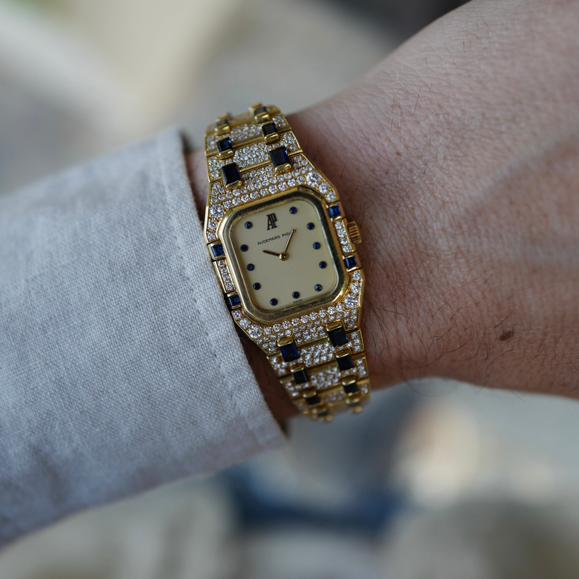 Audemars Piguet Yellow Gold Diamond & Sapphire Rectangular Royal Oak Watch (New Arrival)