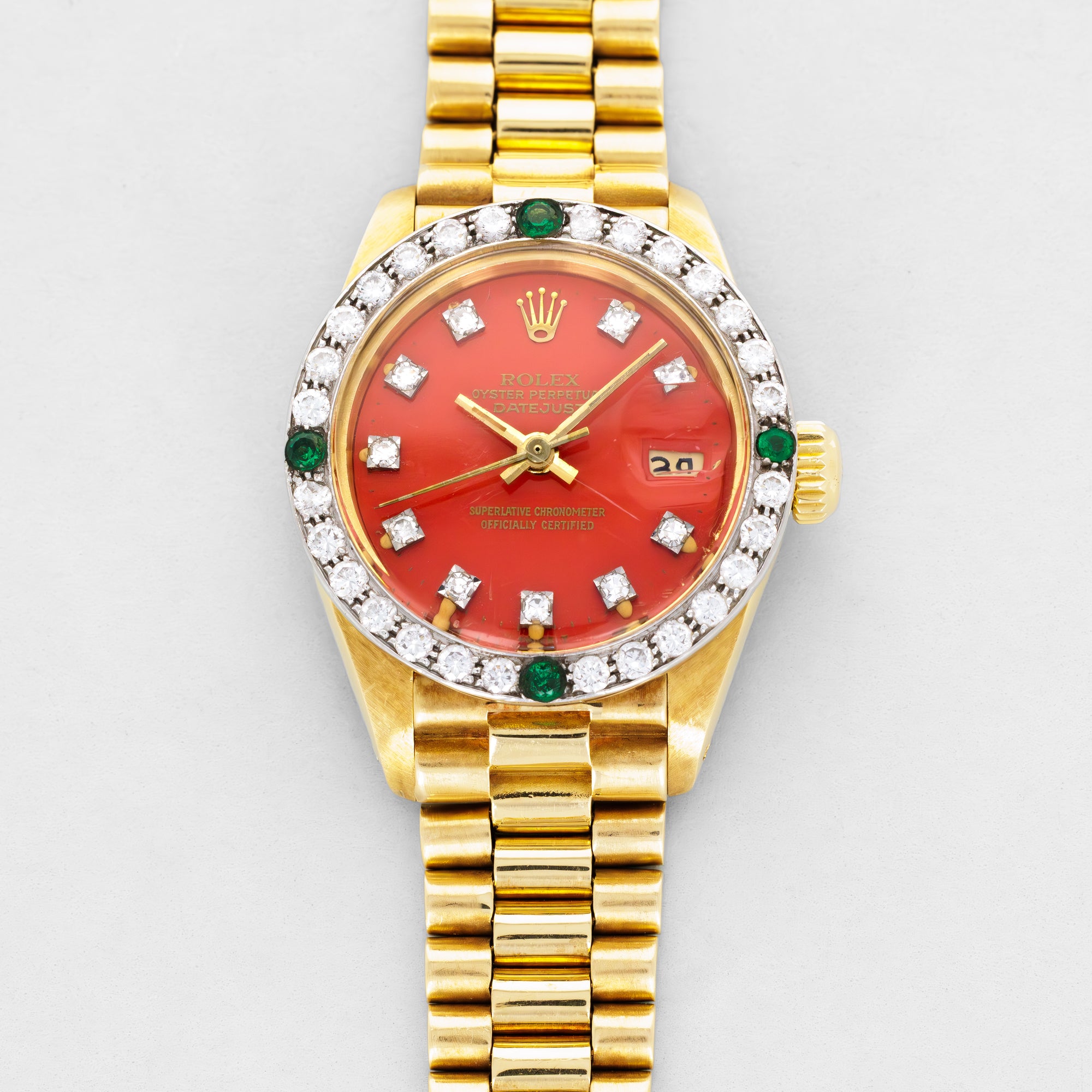 Rolex Yellow Gold Datejust Ref. 6907 Orange Stella Dial with Diamond and Emerald Bezel