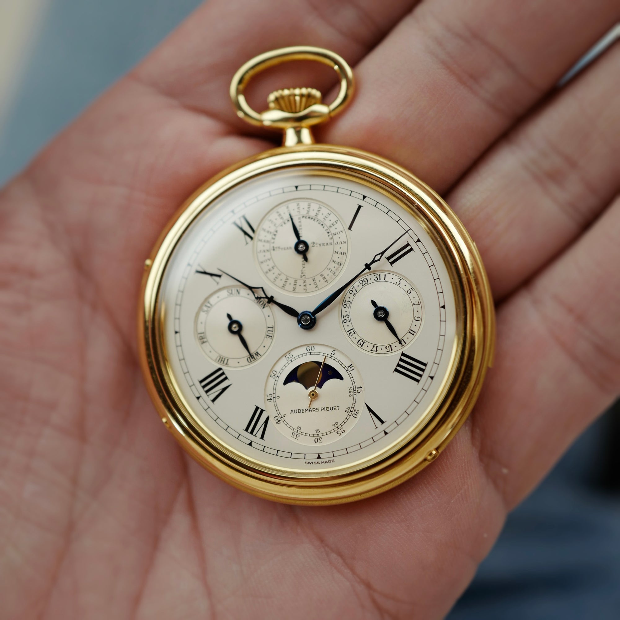Audemars Piguet Yellow Gold Perpetual Calendar Minute Repeater Pocket Watch, Retailed by Asprey (New Arrival)