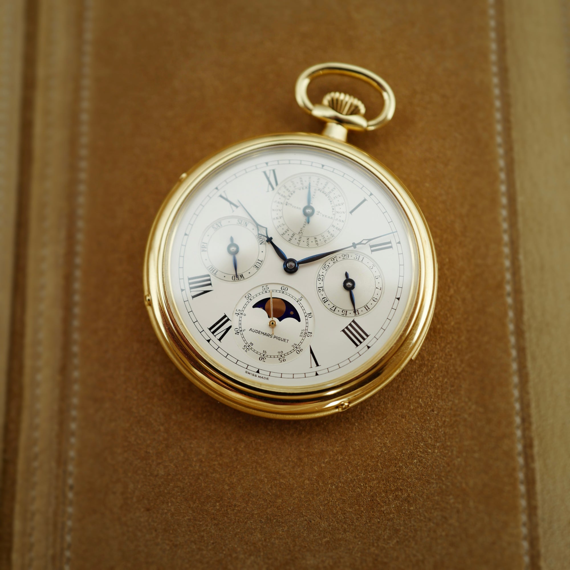 Audemars Piguet Yellow Gold Perpetual Calendar Minute Repeater Pocket Watch, Retailed by Asprey (New Arrival)
