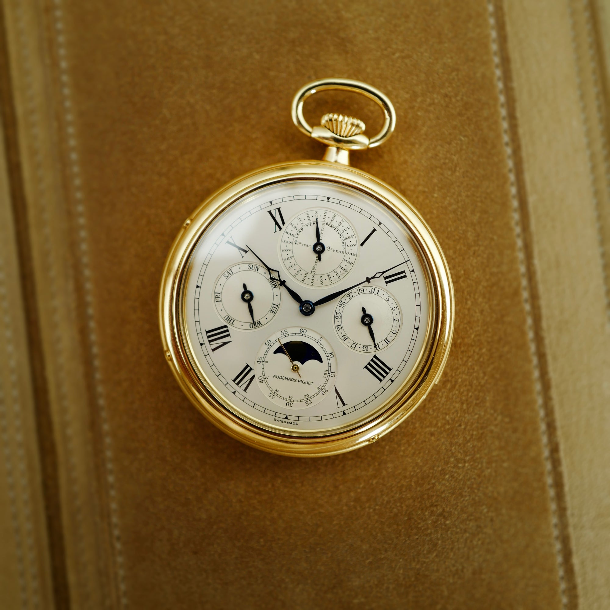 Audemars Piguet Yellow Gold Perpetual Calendar Minute Repeater Pocket Watch, Retailed by Asprey (New Arrival)