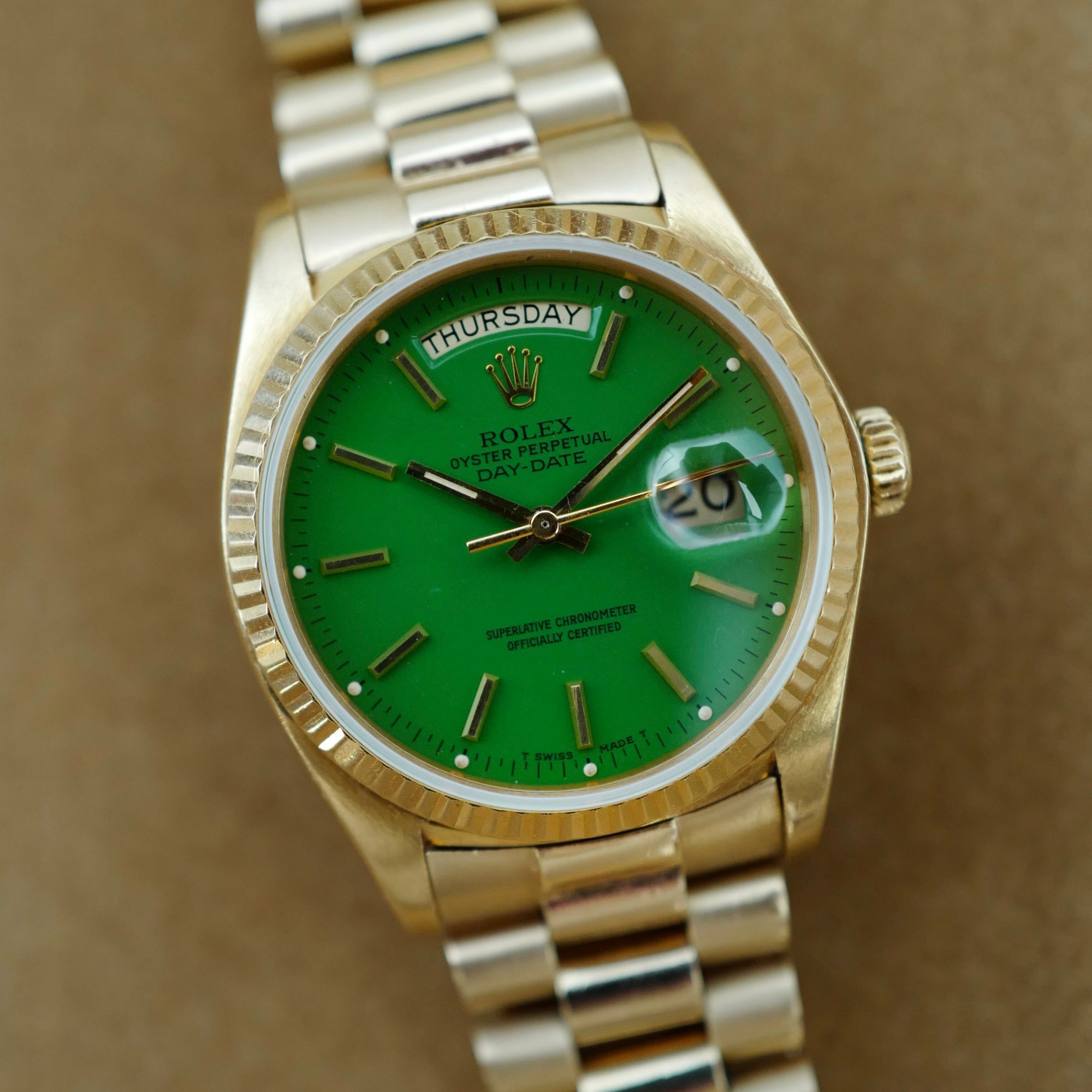 Rolex Yellow Gold Day-Date Green Stella Watch Ref. 18038 (New Arrival)