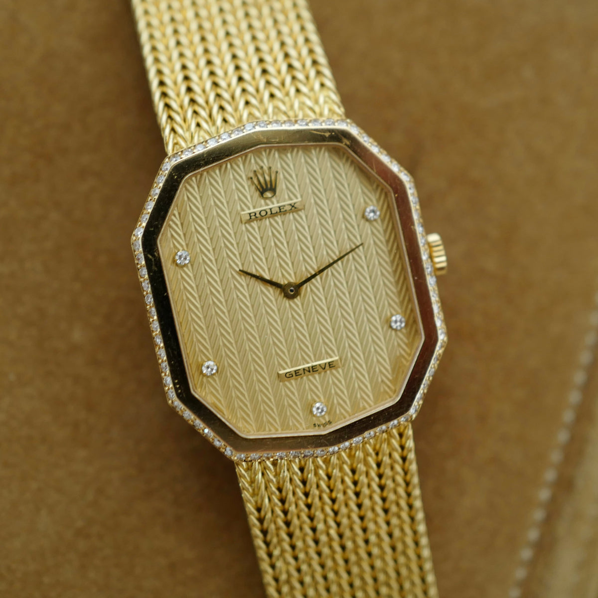 Rolex Yellow Gold Herringbone Diamond Dial Decagon Bracelet Watch Ref. 4953