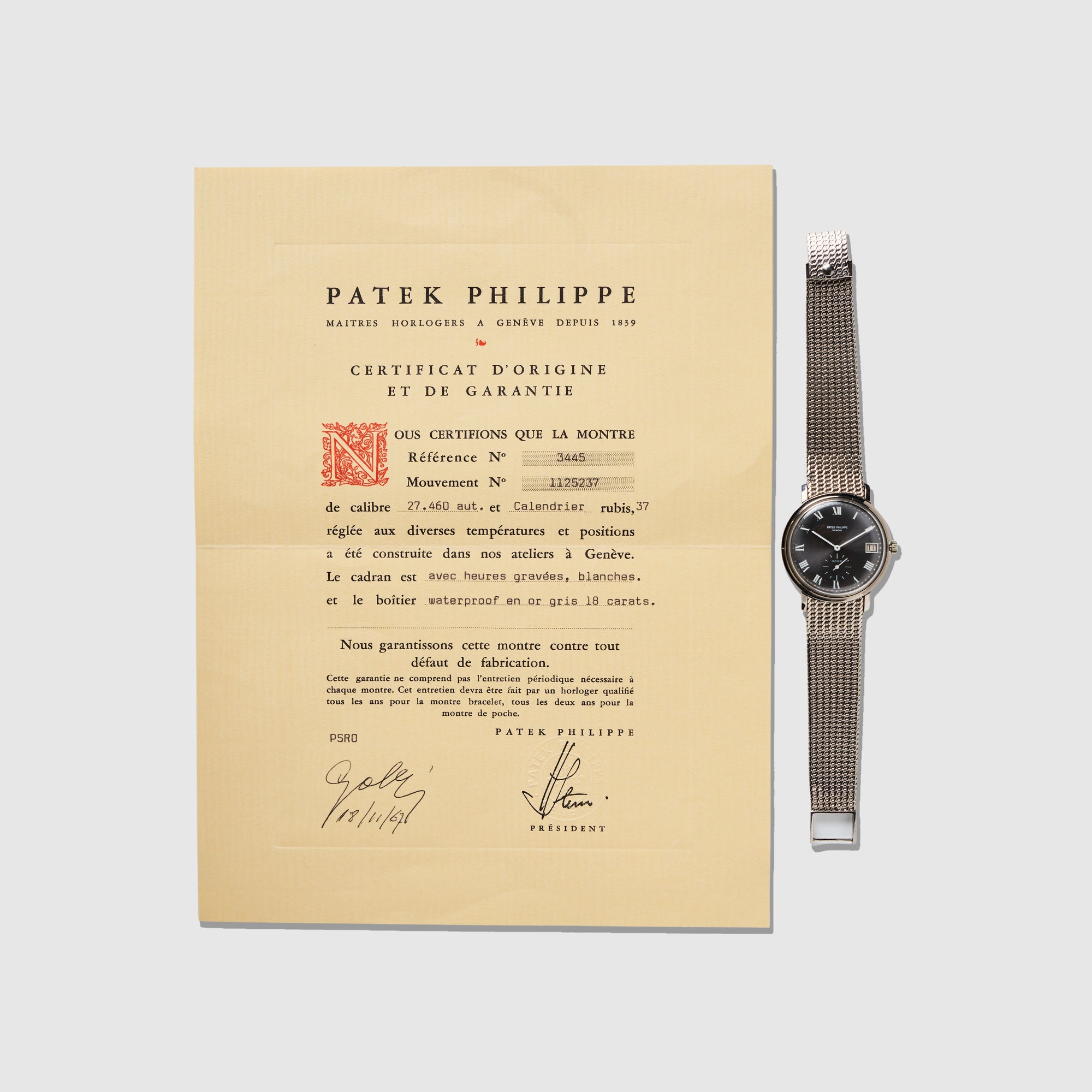 Patek Philippe White Gold Calatrava Gobbi Milano Watch Ref. 3445 with Original Guarantee