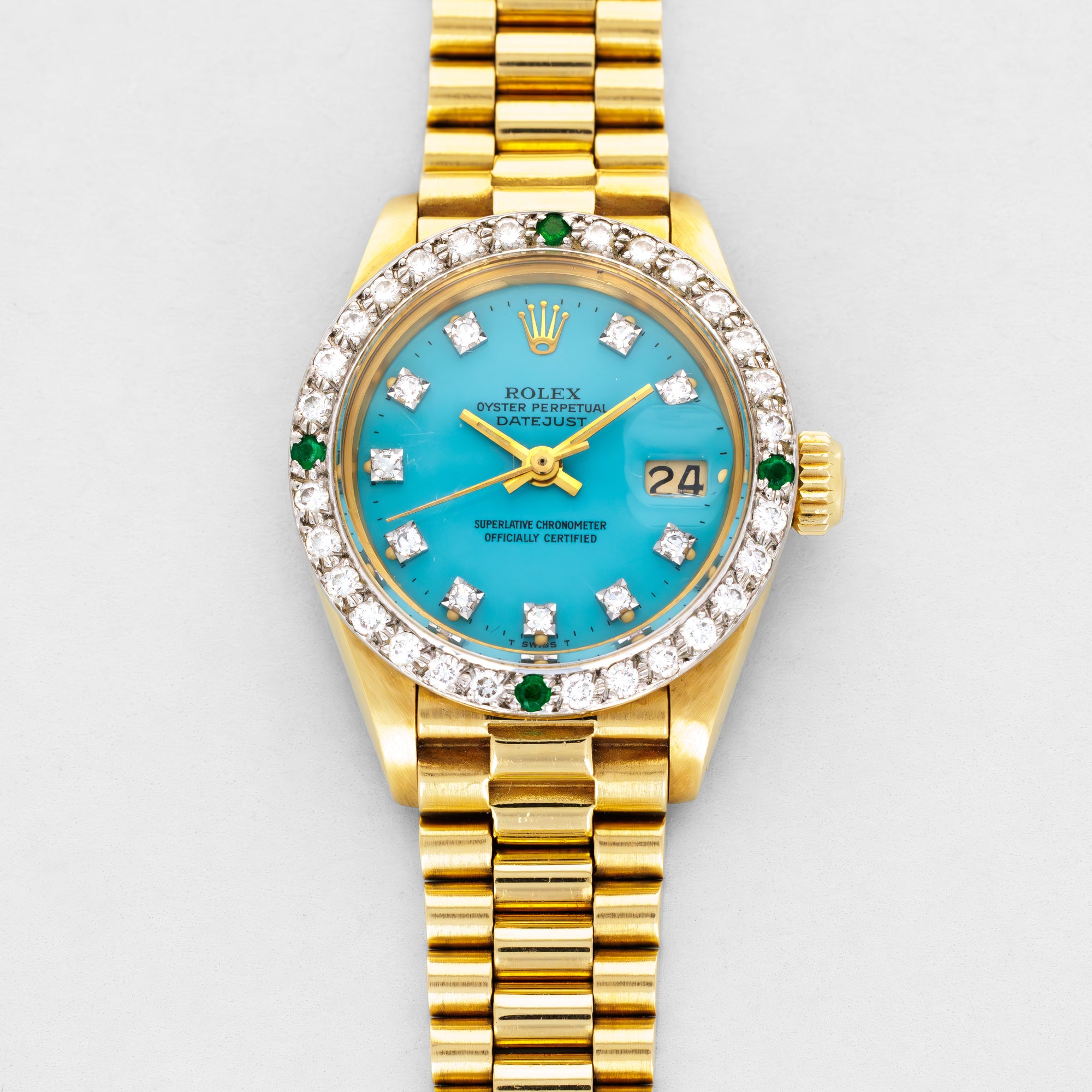 Rolex - Rolex Yellow Gold Datejust Ref. 6907 Blue Stella Dial with Diamond and Emerald Bezel - The Keystone Watches