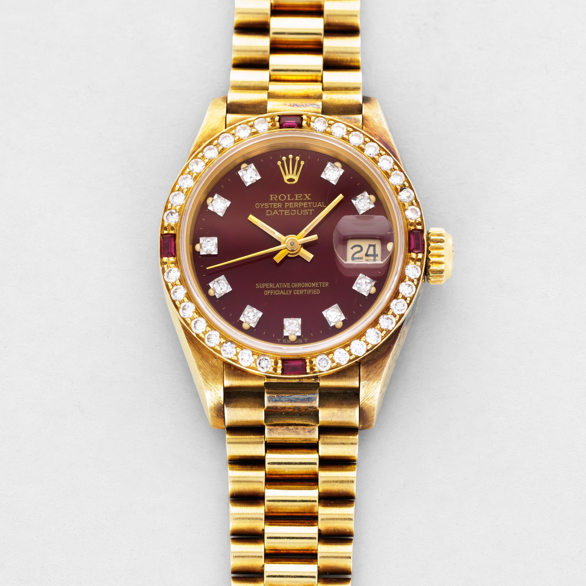 Rolex Yellow Gold Datejust Ref. 69068 Oxblood Dial with Diamonds & Rubies