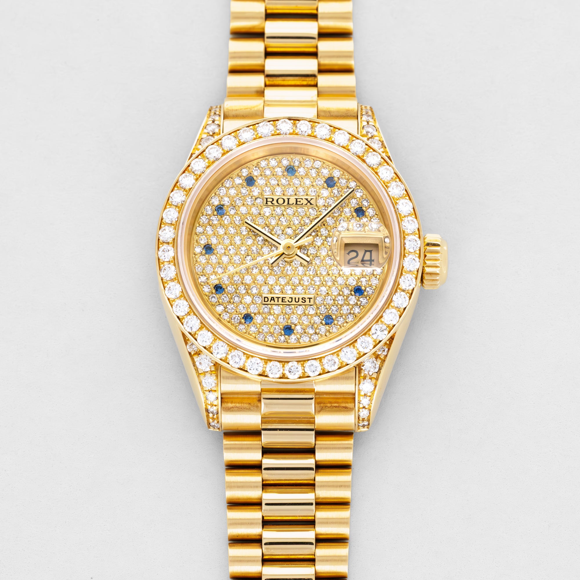 Rolex Yellow Gold Datejust Ref. 69138 with Diamond Bezel and Full Pave Dial with Sapphires