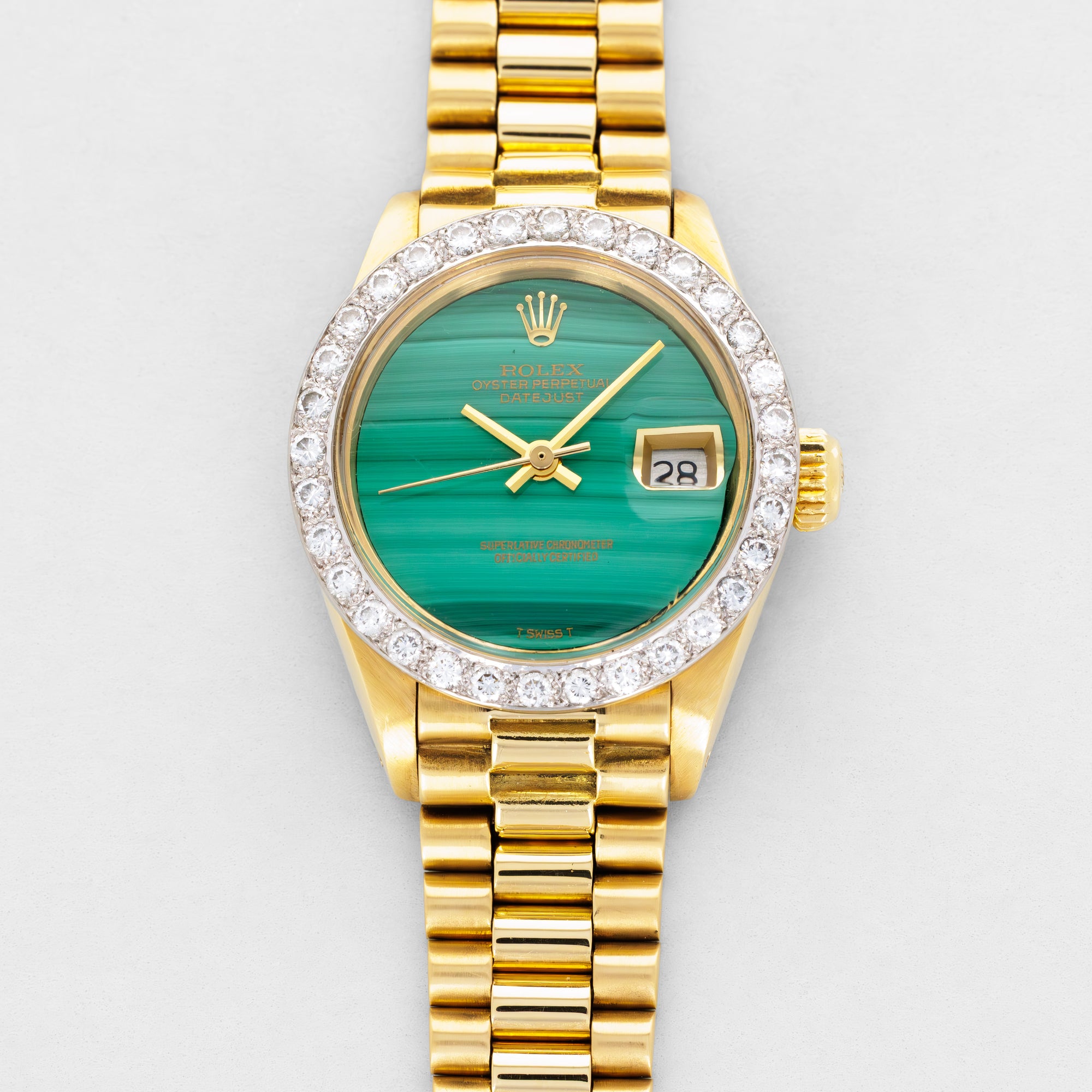 Rolex Yellow Gold Datejust Ref. 6913 Malachite with Diamond Bezel