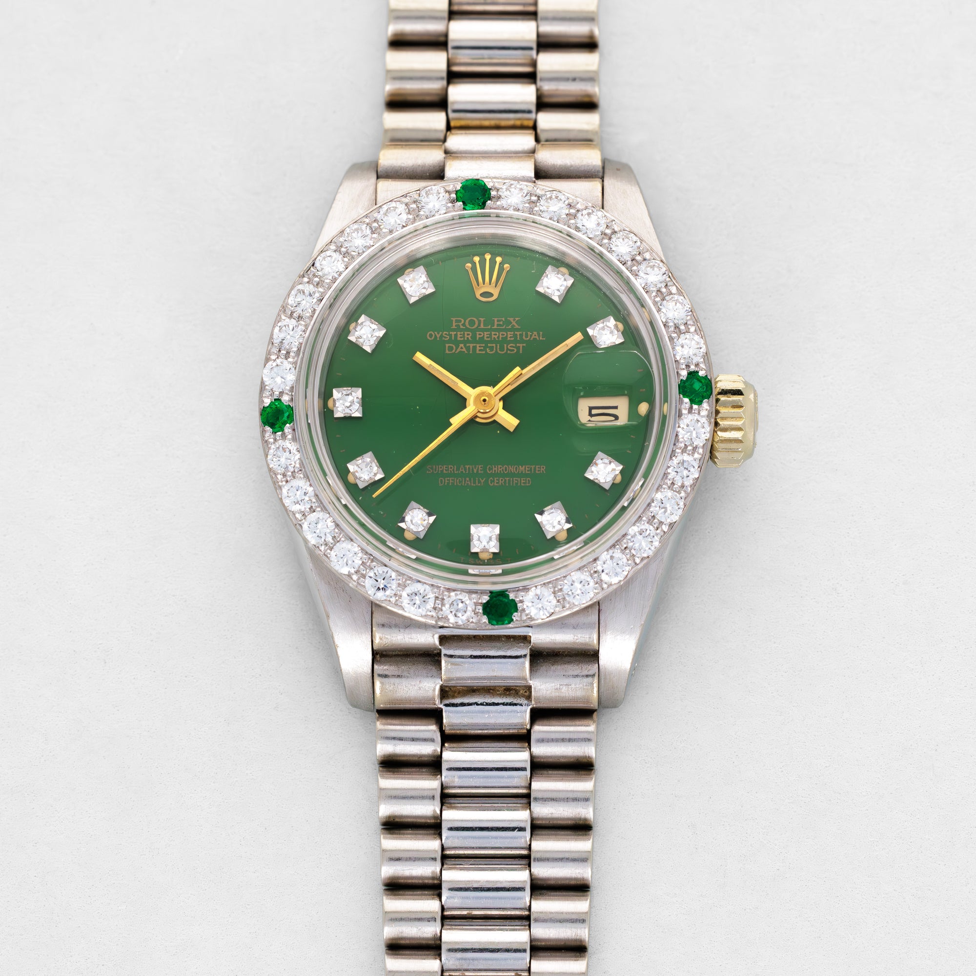 Rolex - Rolex White Gold Datejust Ref. 6907 with Green Stella and Diamond & Emerald Bezel - The Keystone Watches