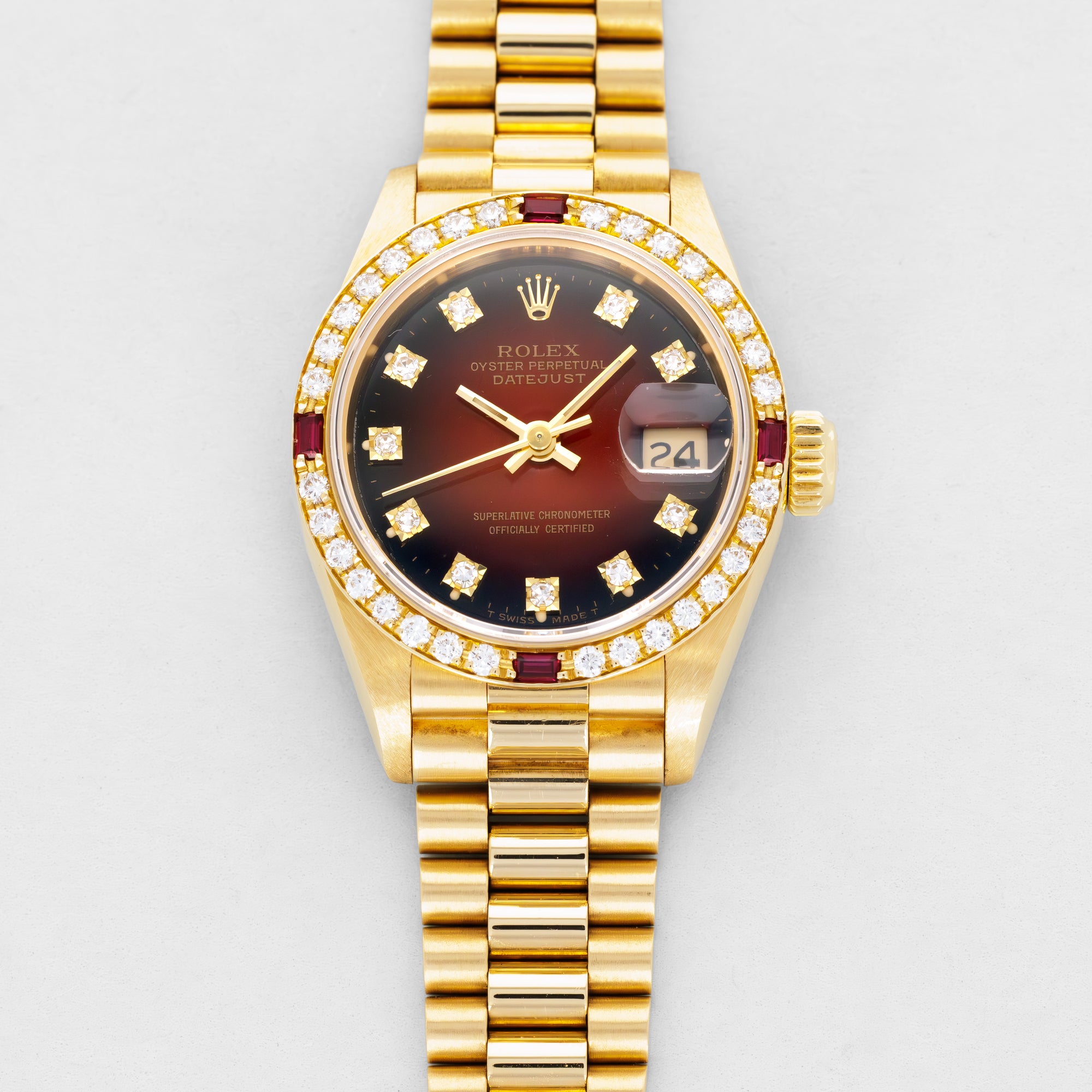 Rolex Yellow Gold Datejust 69068G Burnt Orange Vignette Dial with Ruby and Diamond Bezel