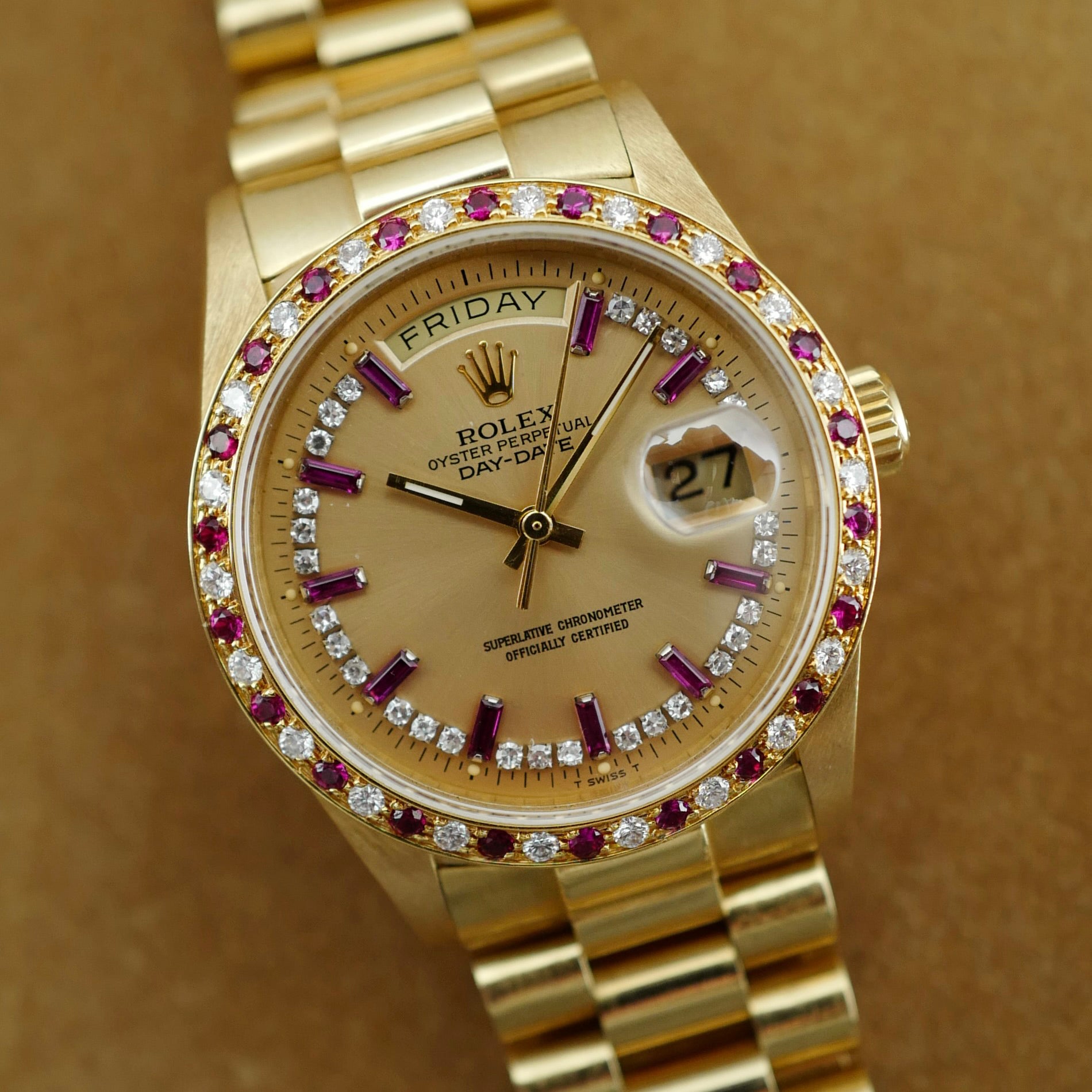 Rolex Yellow Gold Day-Date Ref. 18148 Diamond &amp; Ruby Bezel and Dial