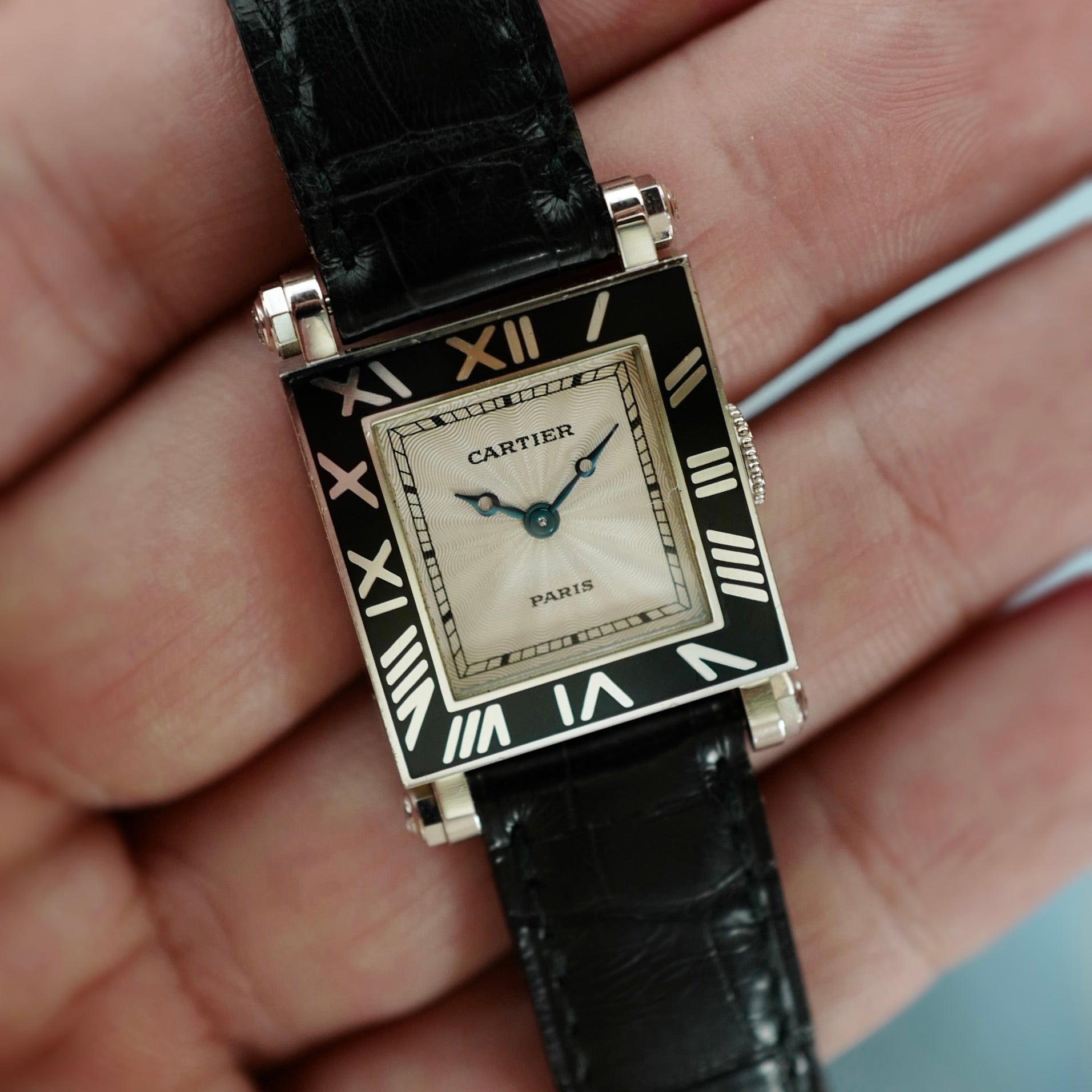 Cartier White Gold Rectangulaire a Pattes Vis Armurier Enamel Tank Watch (New Arrival)
