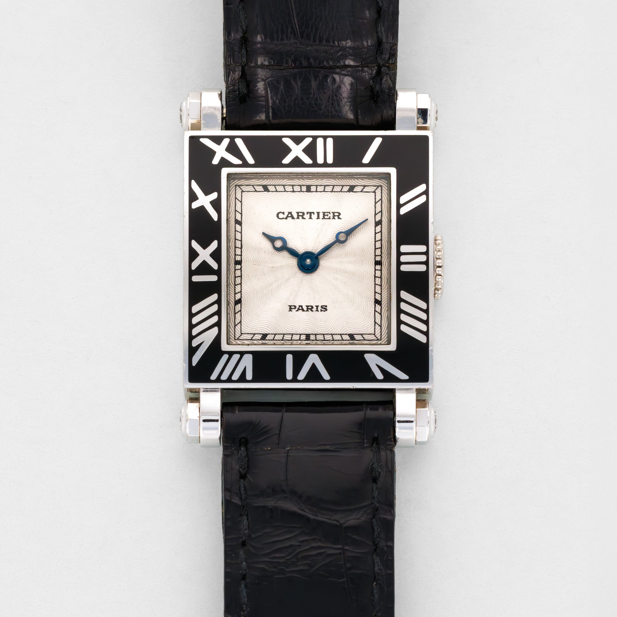 Cartier White Gold Rectangulaire a Pattes Vis Armurier Enamel Tank Watch