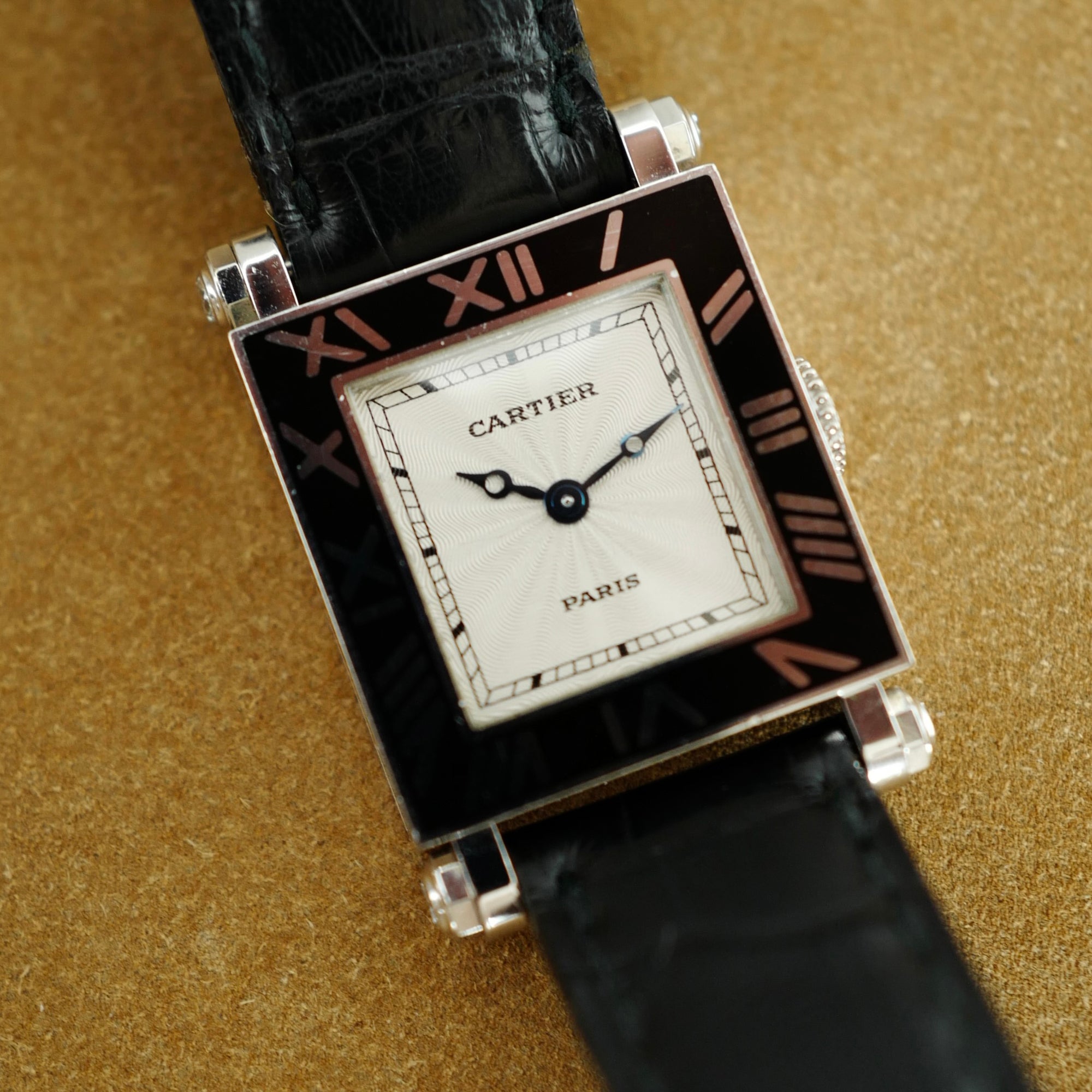 Cartier White Gold Rectangulaire a Pattes Vis Armurier Enamel Tank Watch (New Arrival)