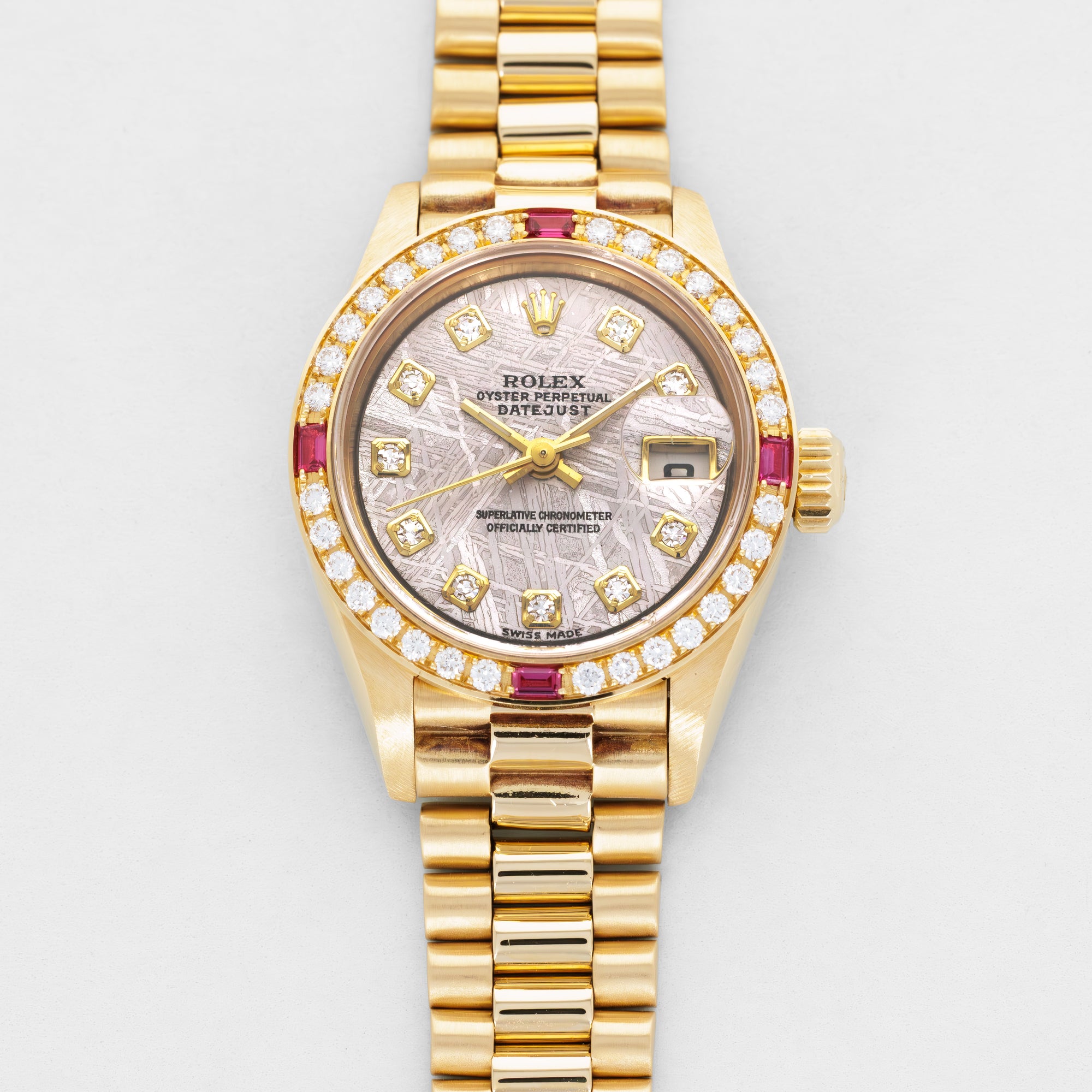 Rolex Yellow Gold Datejust Ref. 69138 with Meteriote and Diamond Dial and Ruby Bezel
