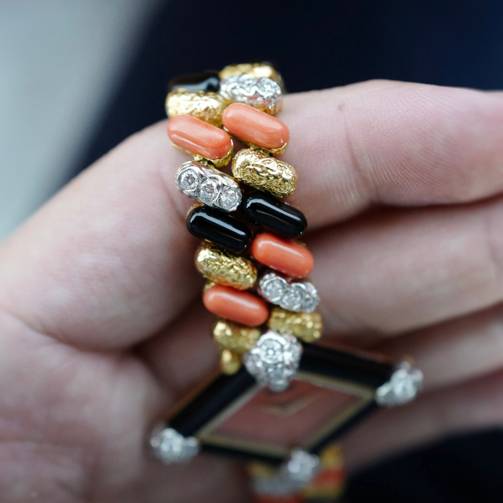 Piaget Yellow Gold Coral, Onyx, Diamond Watch, Circa 1970s