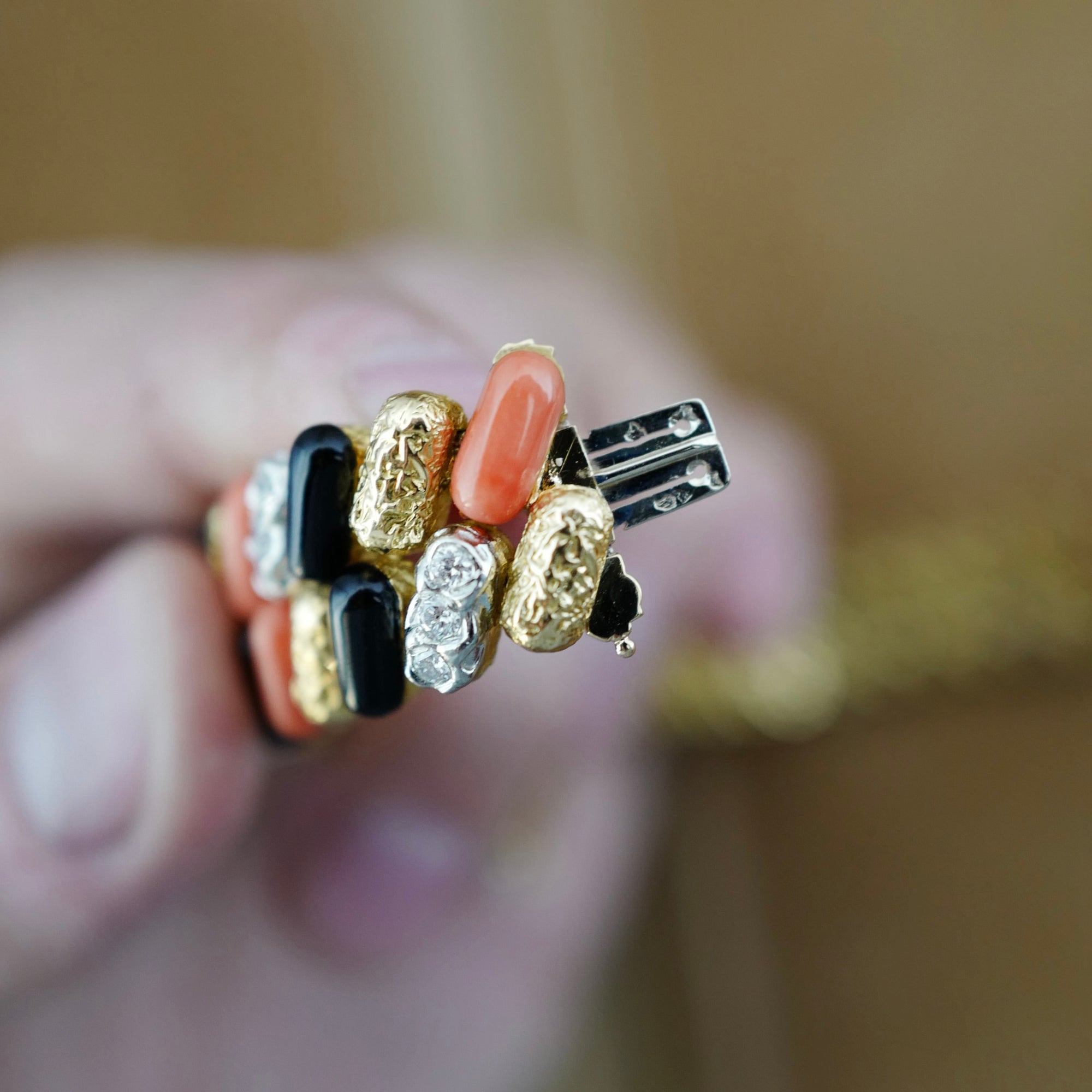 Piaget Yellow Gold Coral, Onyx, Diamond Watch, Circa 1970s