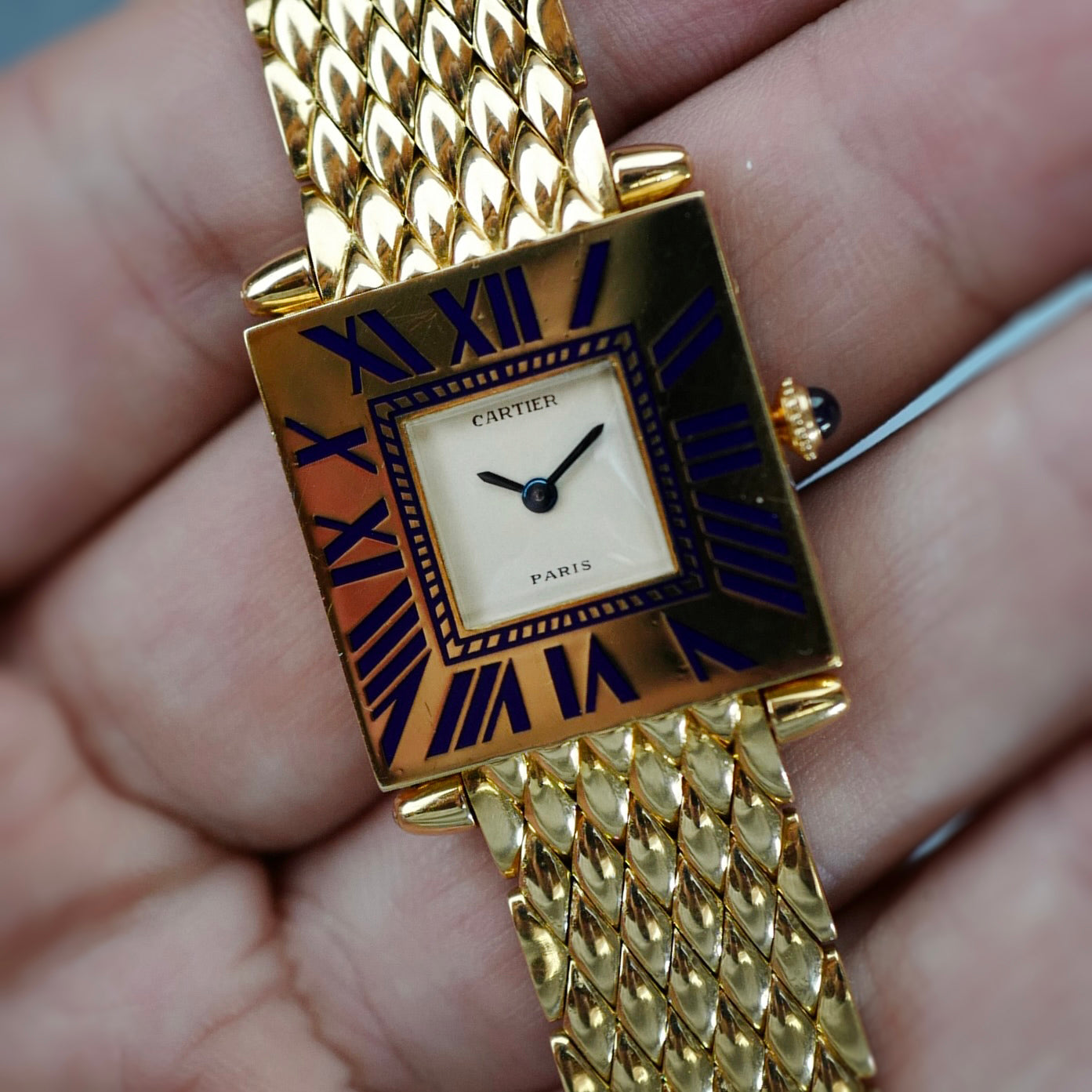 Cartier Yellow Gold Blue Enamel Mecanique Obus Watch (New Arrival)