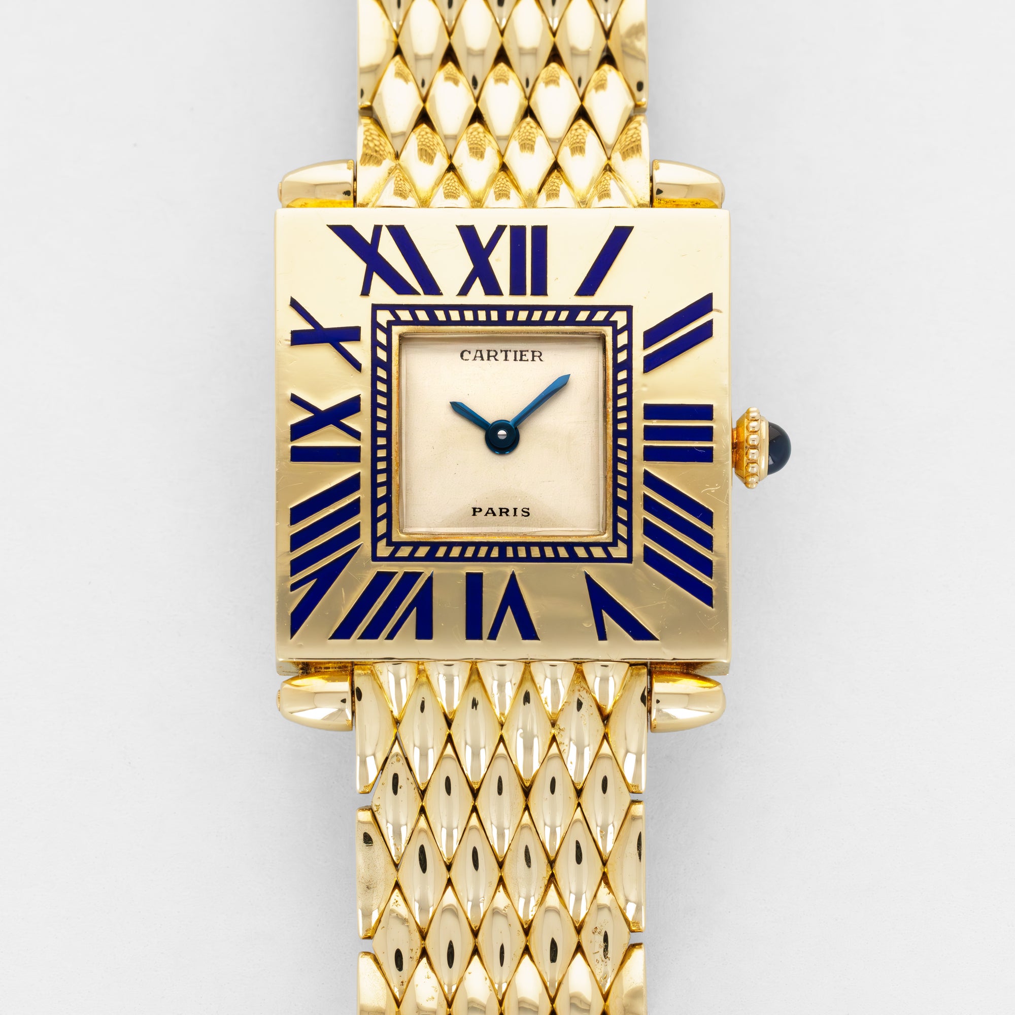 Cartier Yellow Gold Blue Enamel Mecanique Obus Watch