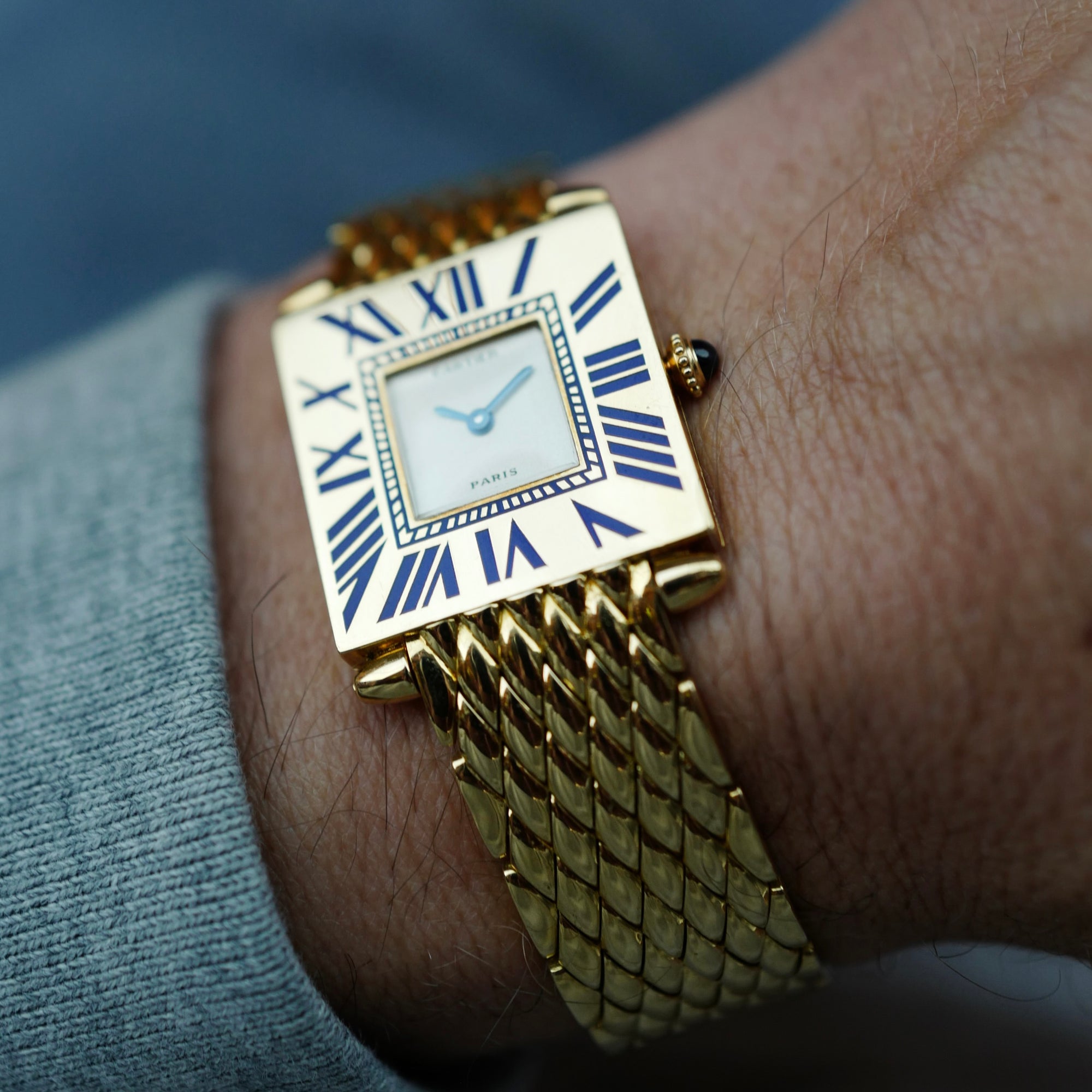 Cartier Yellow Gold Blue Enamel Mecanique Obus Watch (New Arrival)