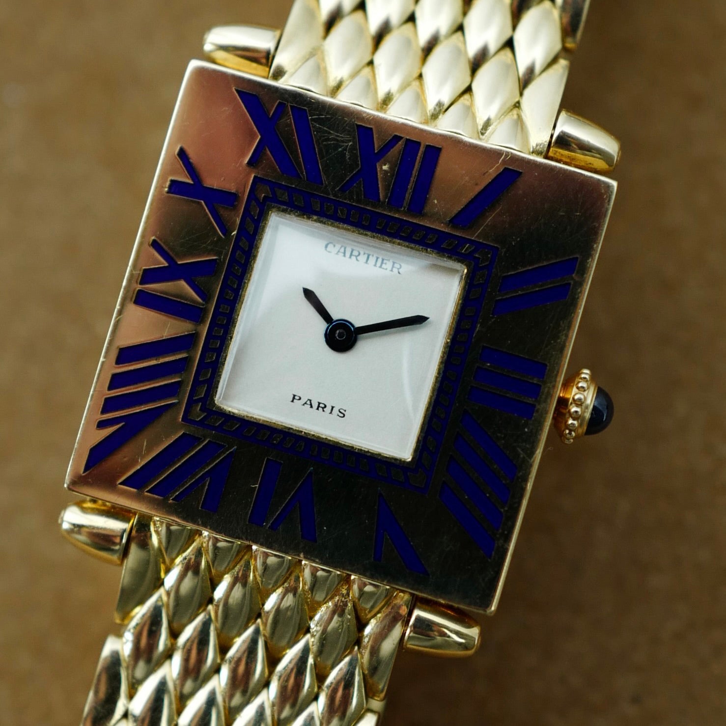Cartier Yellow Gold Blue Enamel Mecanique Obus Watch (New Arrival)