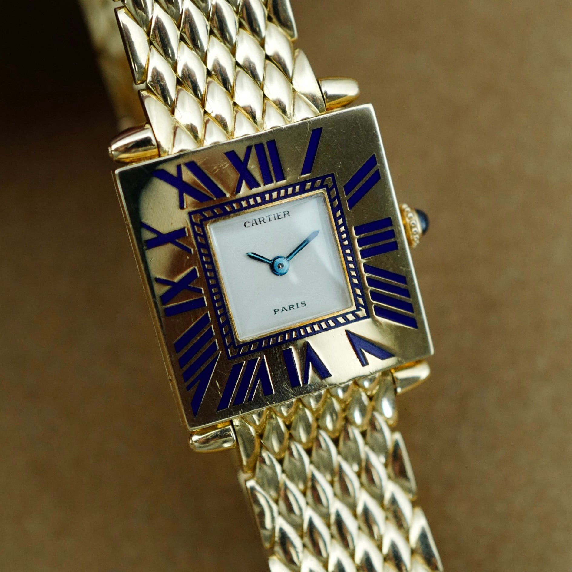 Cartier Yellow Gold Blue Enamel Mecanique Obus Watch (New Arrival)