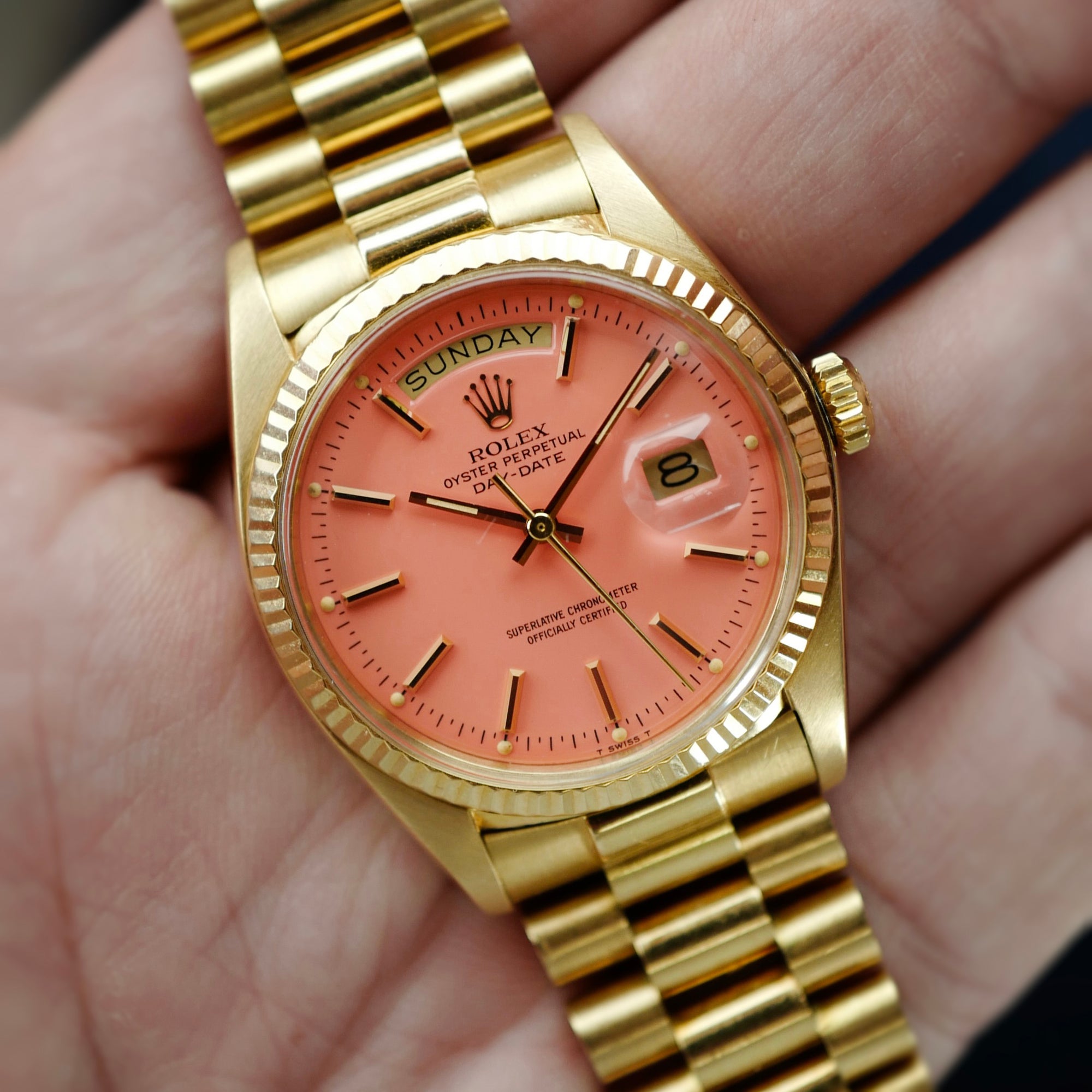 Rolex Yellow Gold Day-Date Ref. 1803 with Peach Stella Dial Retailed by Asprey