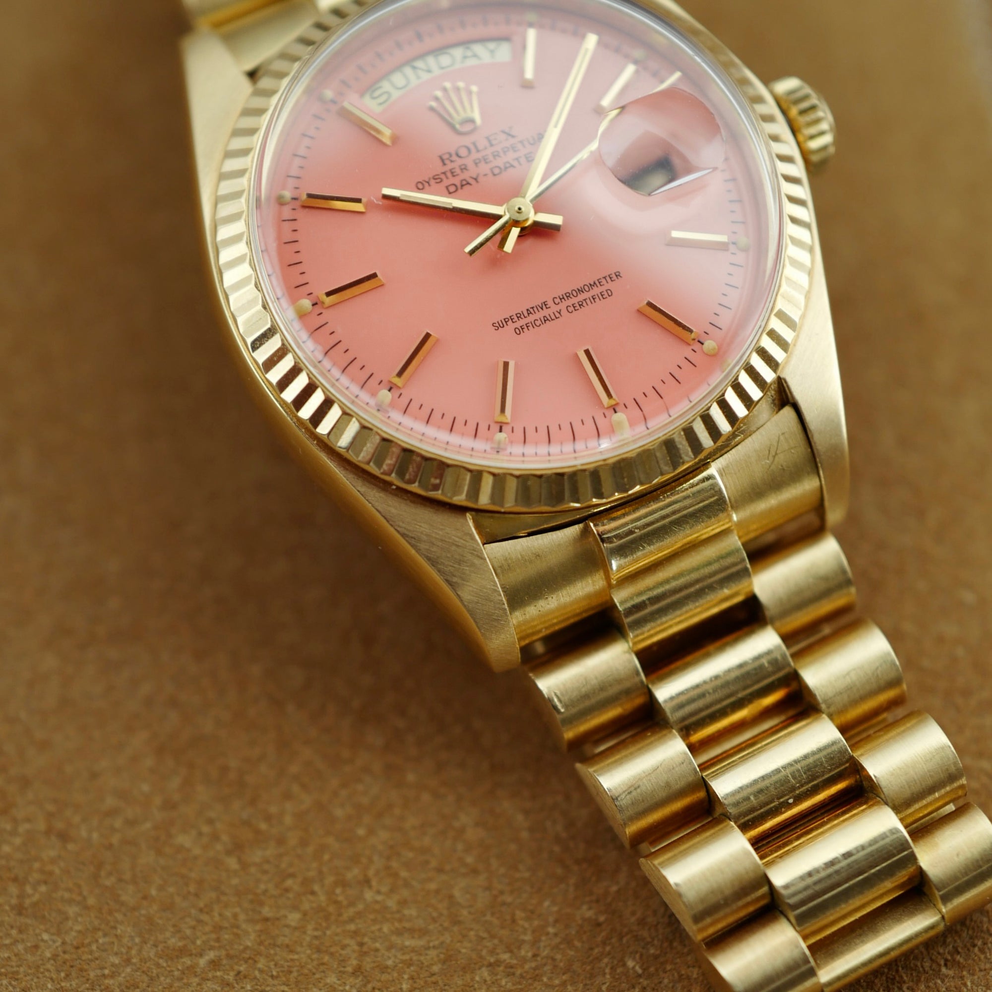 Rolex Yellow Gold Day-Date Ref. 1803 with Peach Stella Dial Retailed by Asprey