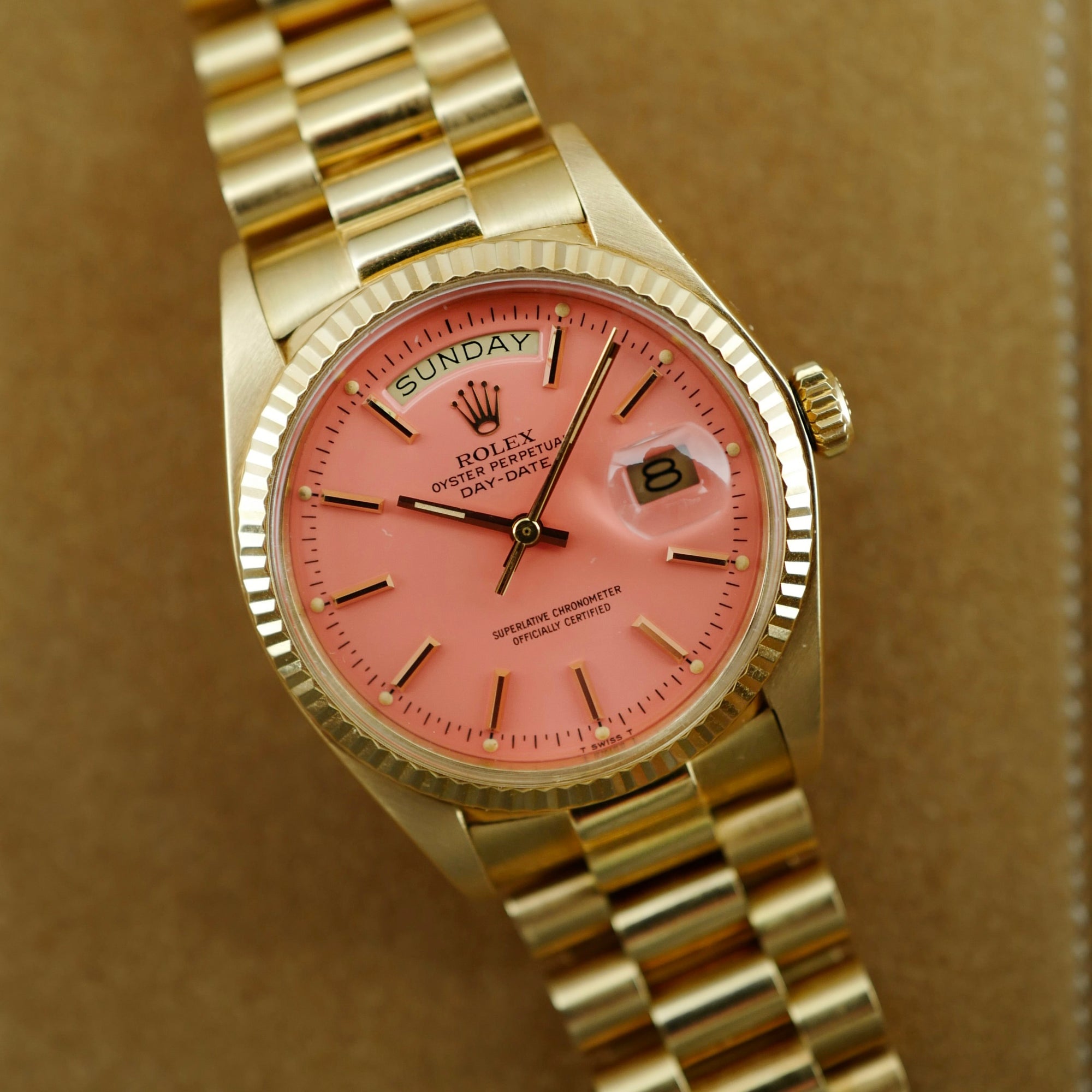 Rolex Yellow Gold Day-Date Ref. 1803 with Peach Stella Dial Retailed by Asprey