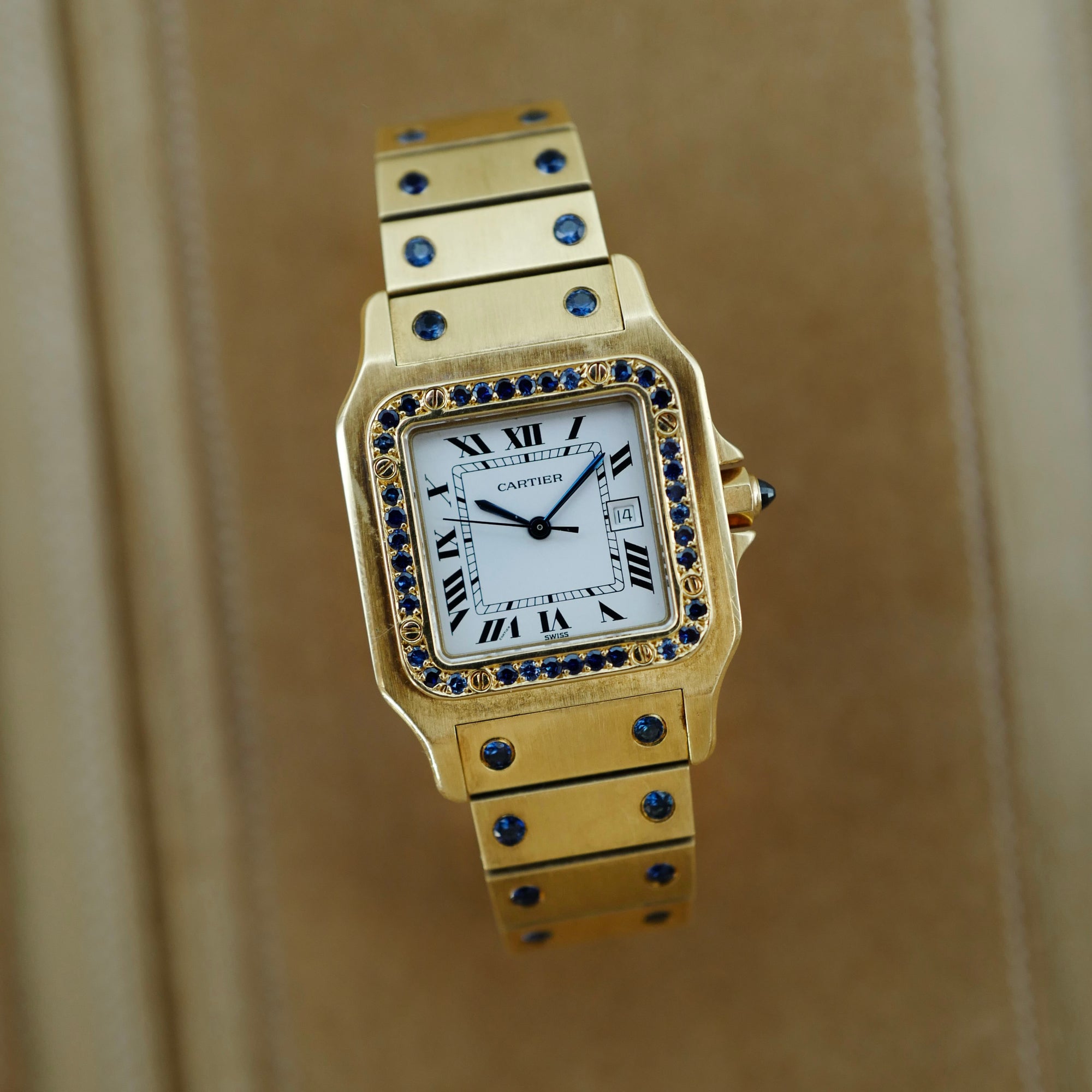 Cartier Yellow Gold Santos Ref. 81736781 with Sapphire Bezel and Bracelet (New Arrival)