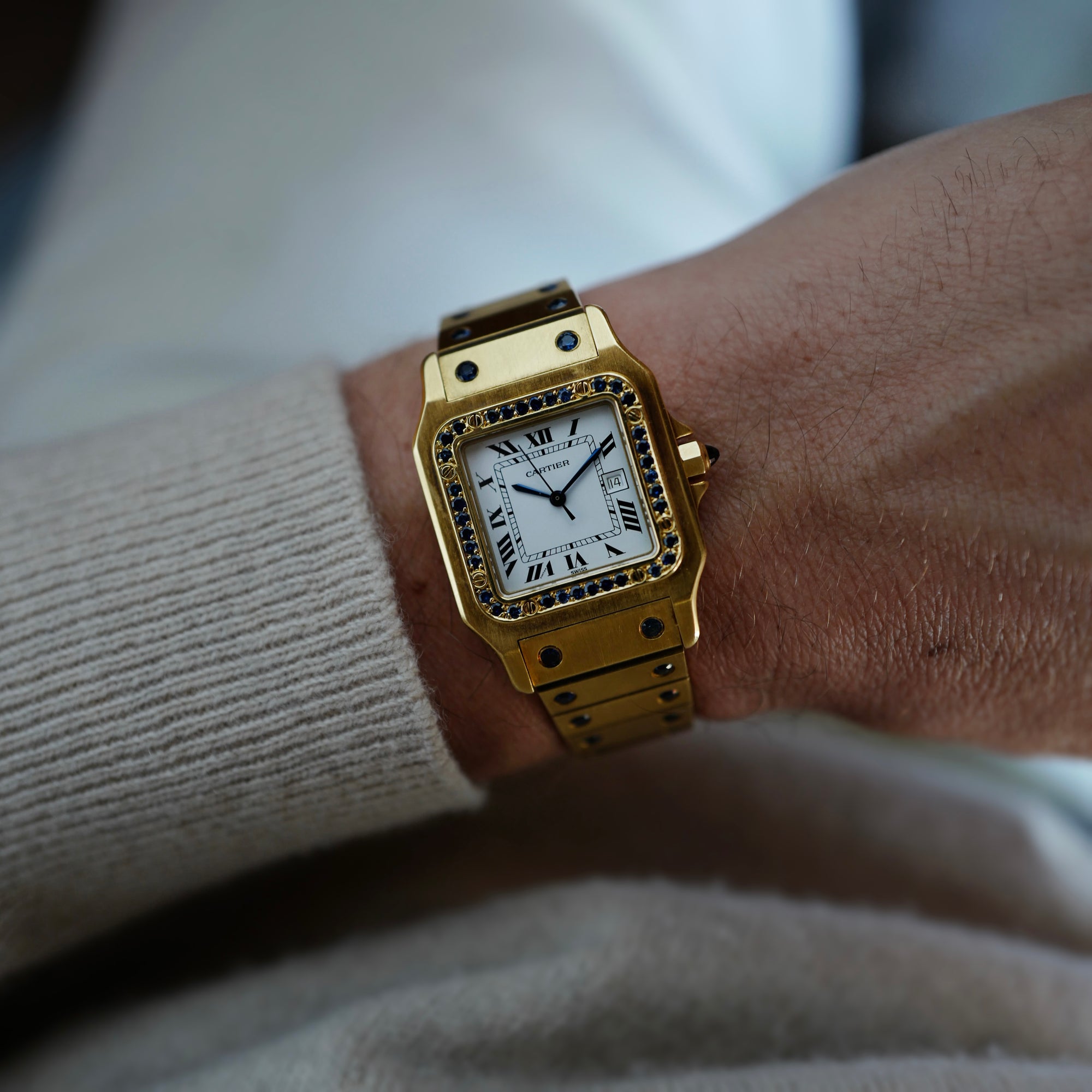 Cartier Yellow Gold Santos Ref. 81736781 with Sapphire Bezel and Bracelet (New Arrival)