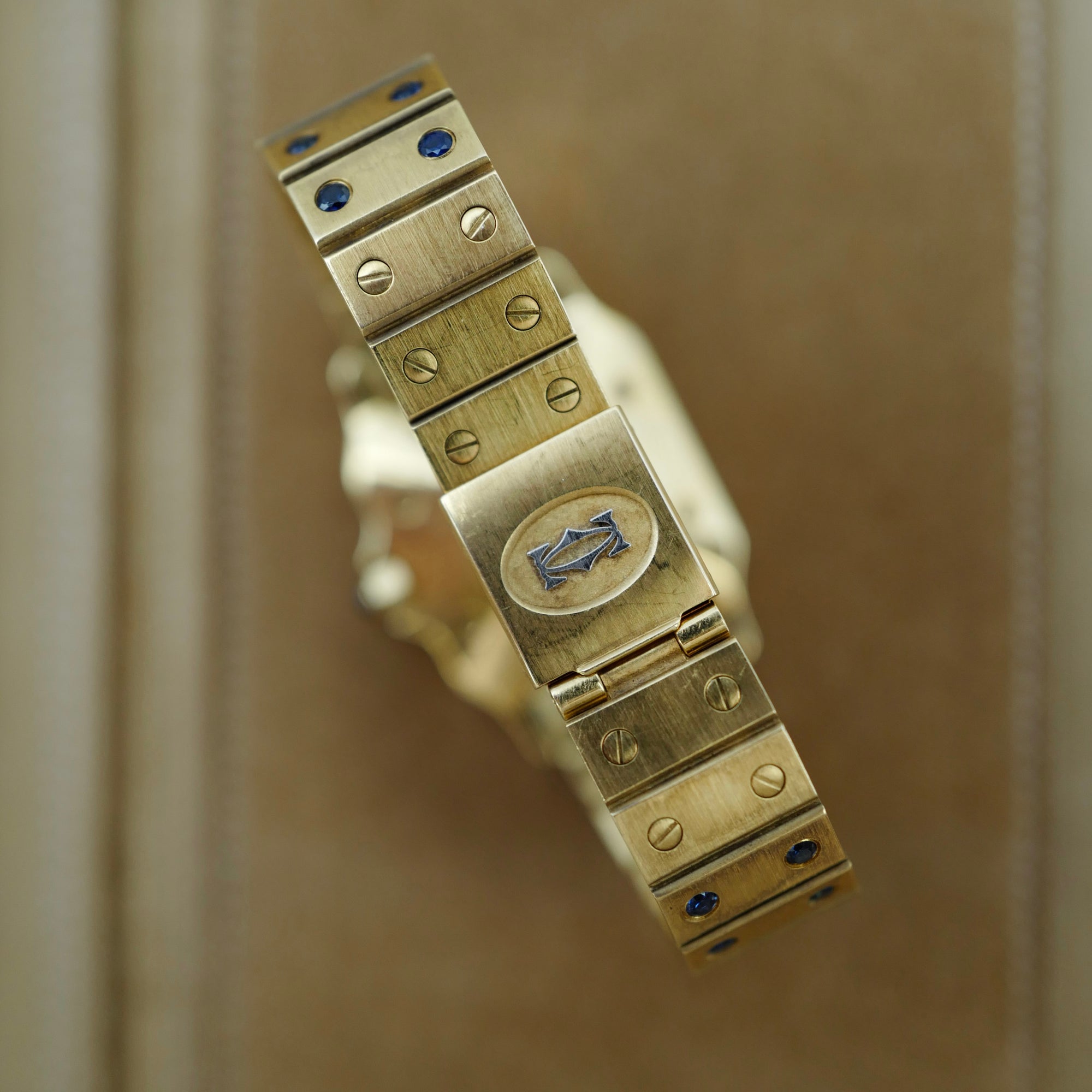 Cartier Yellow Gold Santos Ref. 81736781 with Sapphire Bezel and Bracelet (New Arrival)