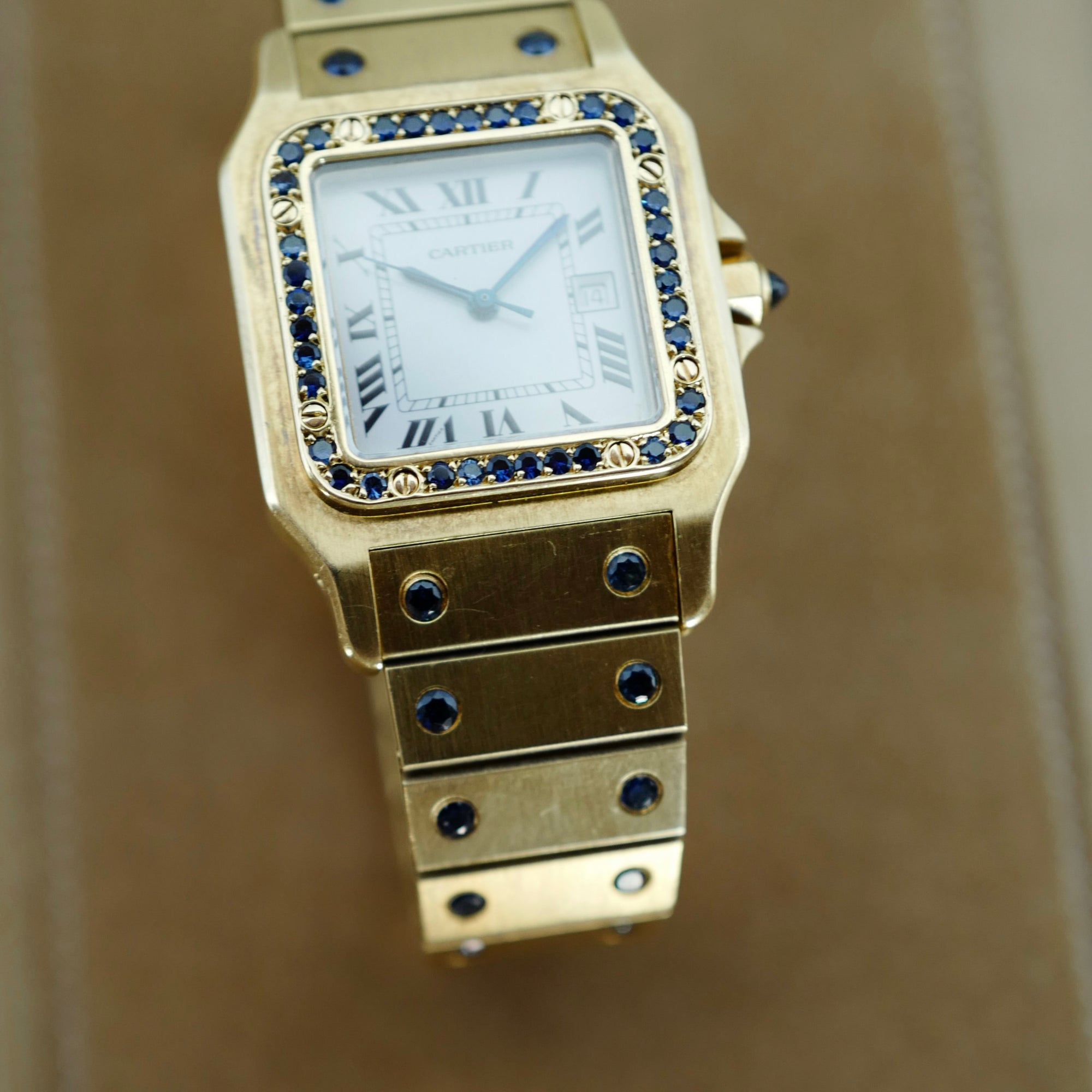 Cartier Yellow Gold Santos Ref. 81736781 with Sapphire Bezel and Bracelet