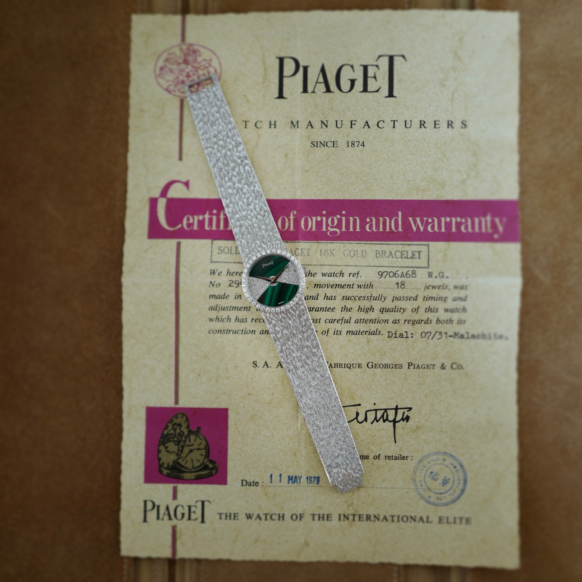 Piaget White Gold Diamond and Malachite Watch Ref. 9706