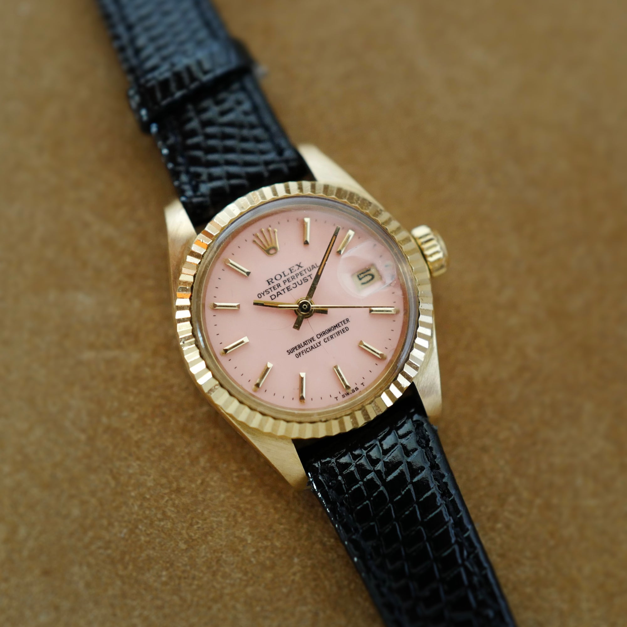 Rolex Yellow Gold Oyster Perpetual Datejust Ref. 6917 with Peach Stella Dial and Original Warranty (New Arrival)