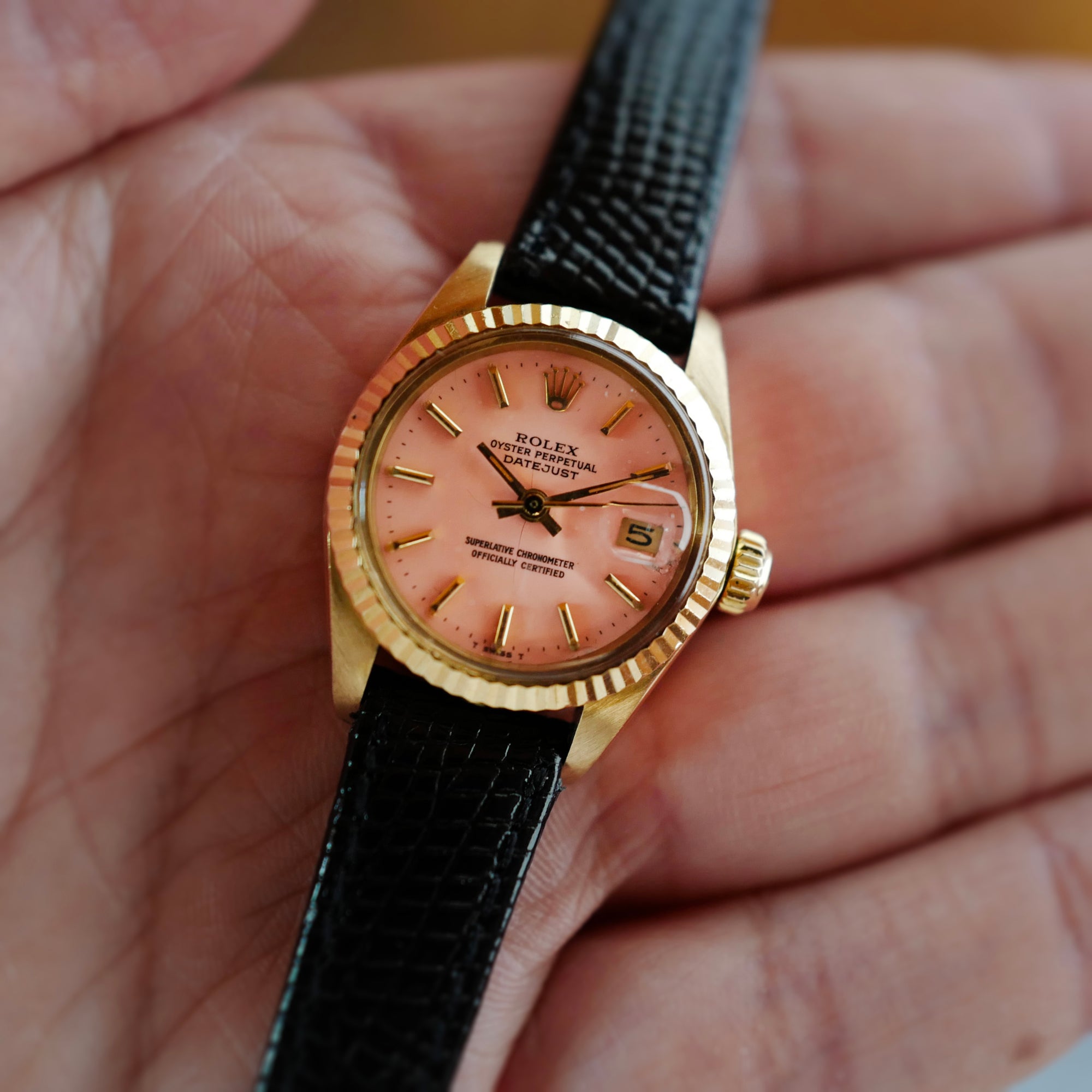 Rolex Yellow Gold Oyster Perpetual Datejust Ref. 6917 with Peach Stella Dial and Original Warranty (New Arrival)