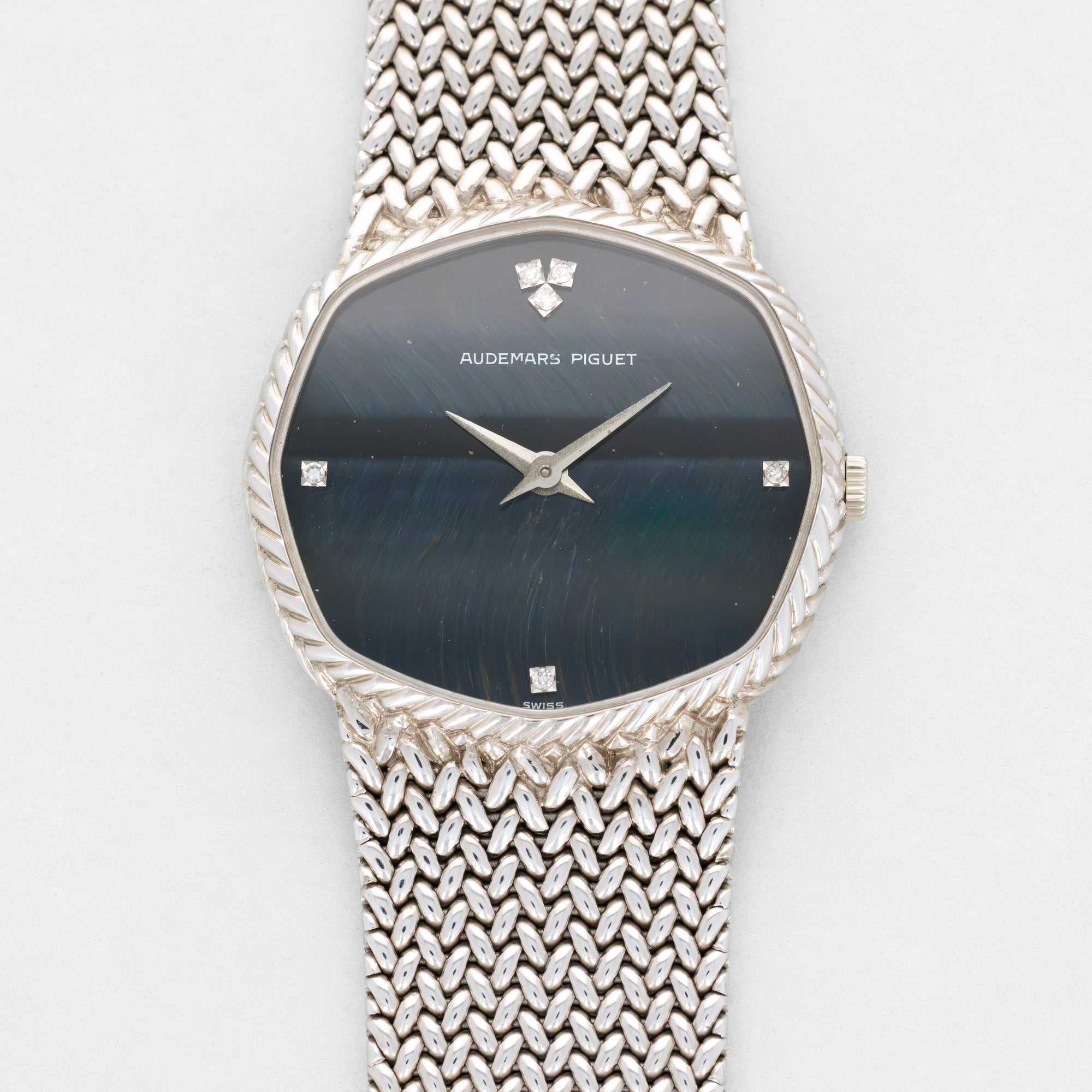 Audemard Piguet Octagon Falcon Eye Stone Dial White Gold Bracelet Watch