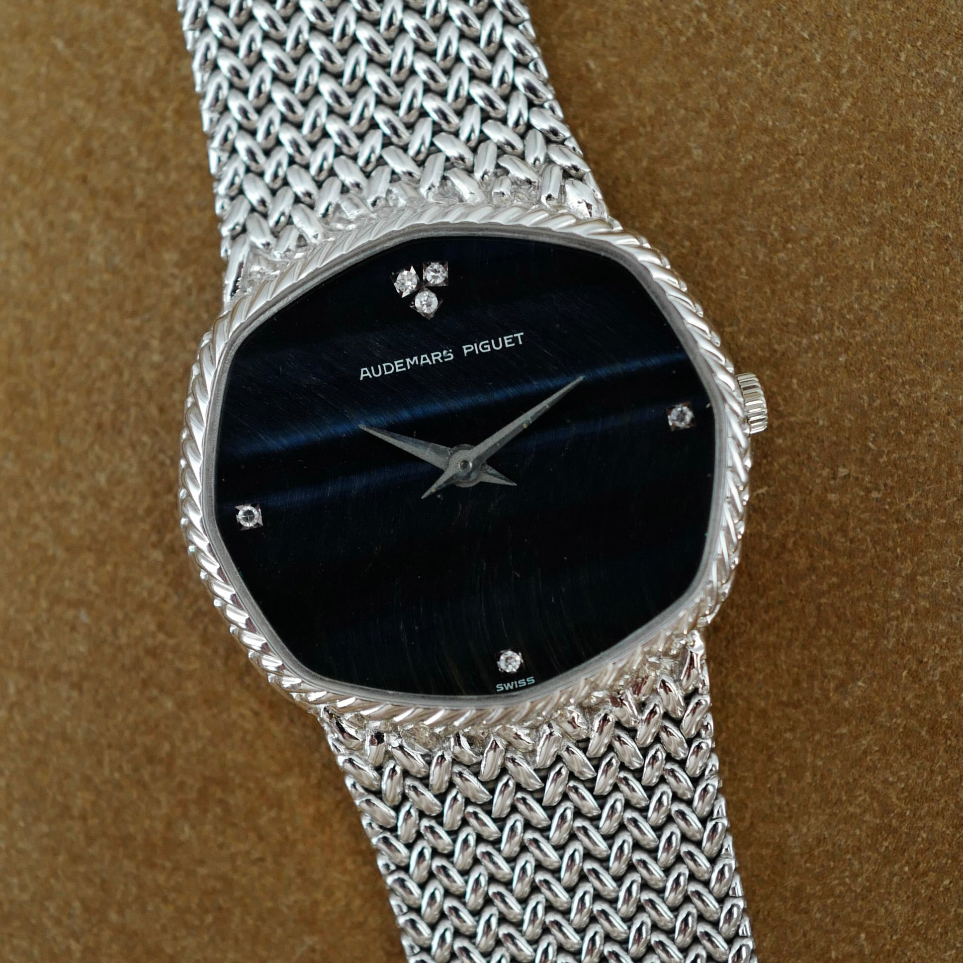 Audemard Piguet Octagon Falcon Eye Stone Dial White Gold Bracelet Watch