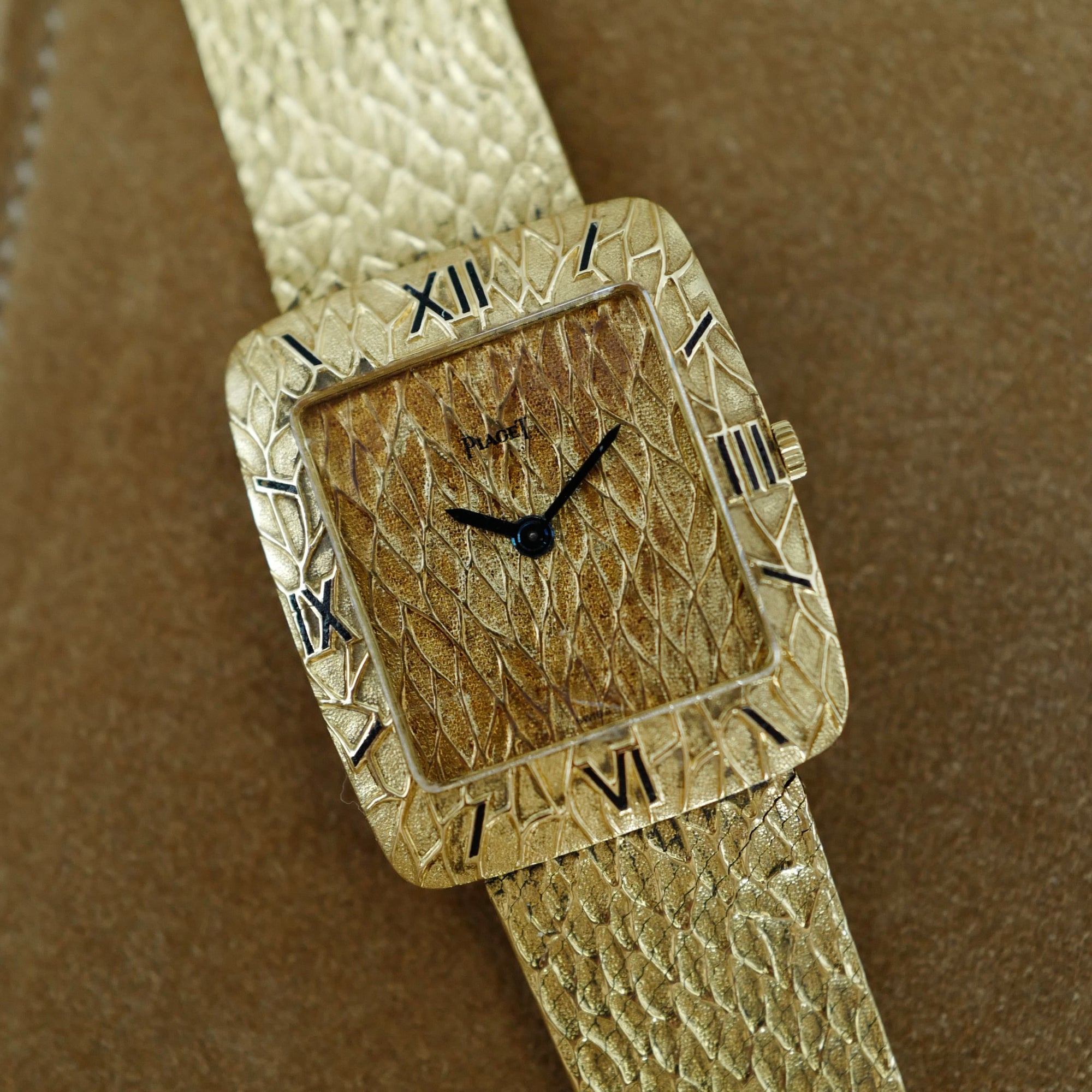 Piaget Yellow Gold Textured Bracelet Watch with Enamel Markers (New Arrival)