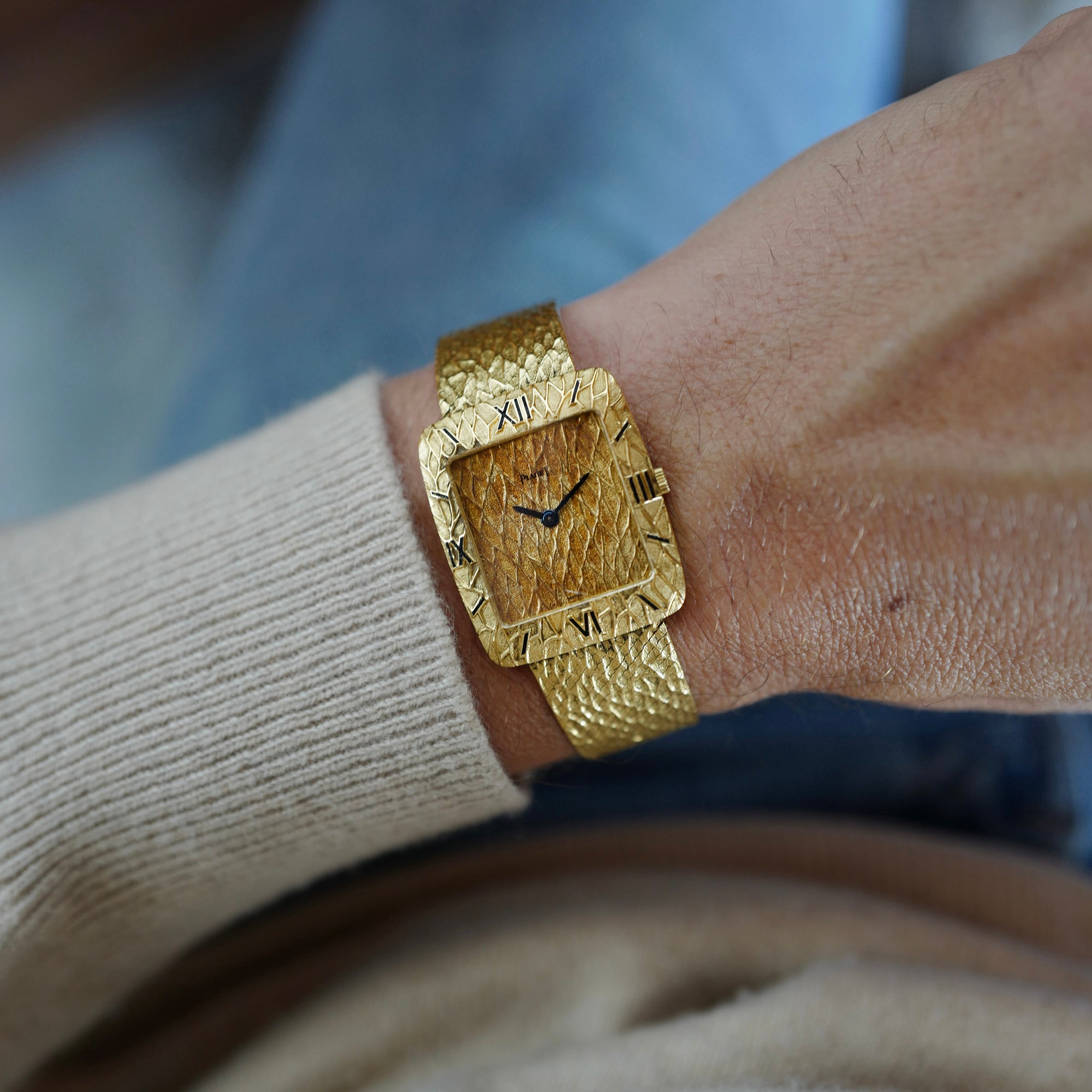 Piaget Yellow Gold Textured Bracelet Watch with Enamel Markers (New Arrival)