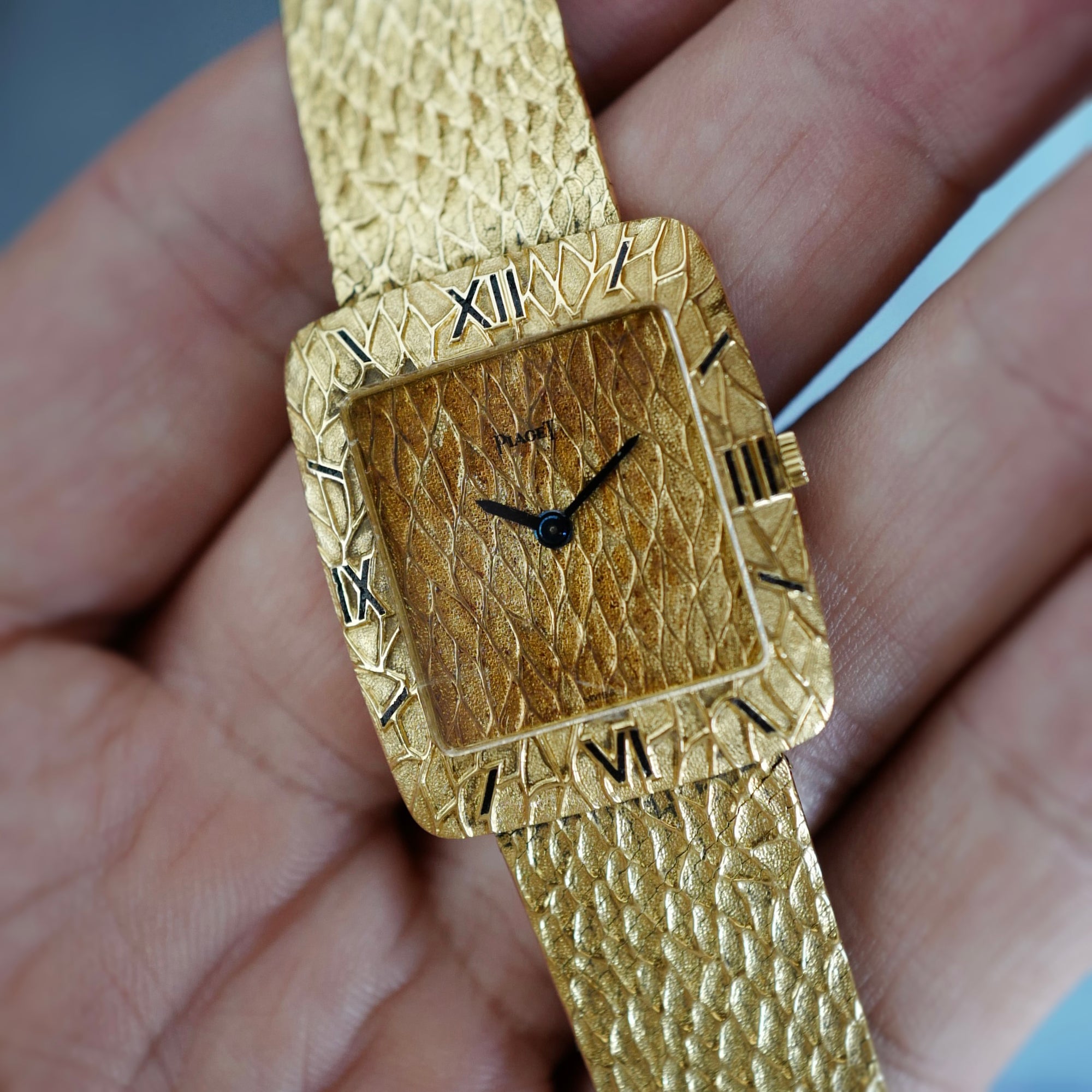 Piaget Yellow Gold Textured Bracelet Watch with Enamel Markers (New Arrival)