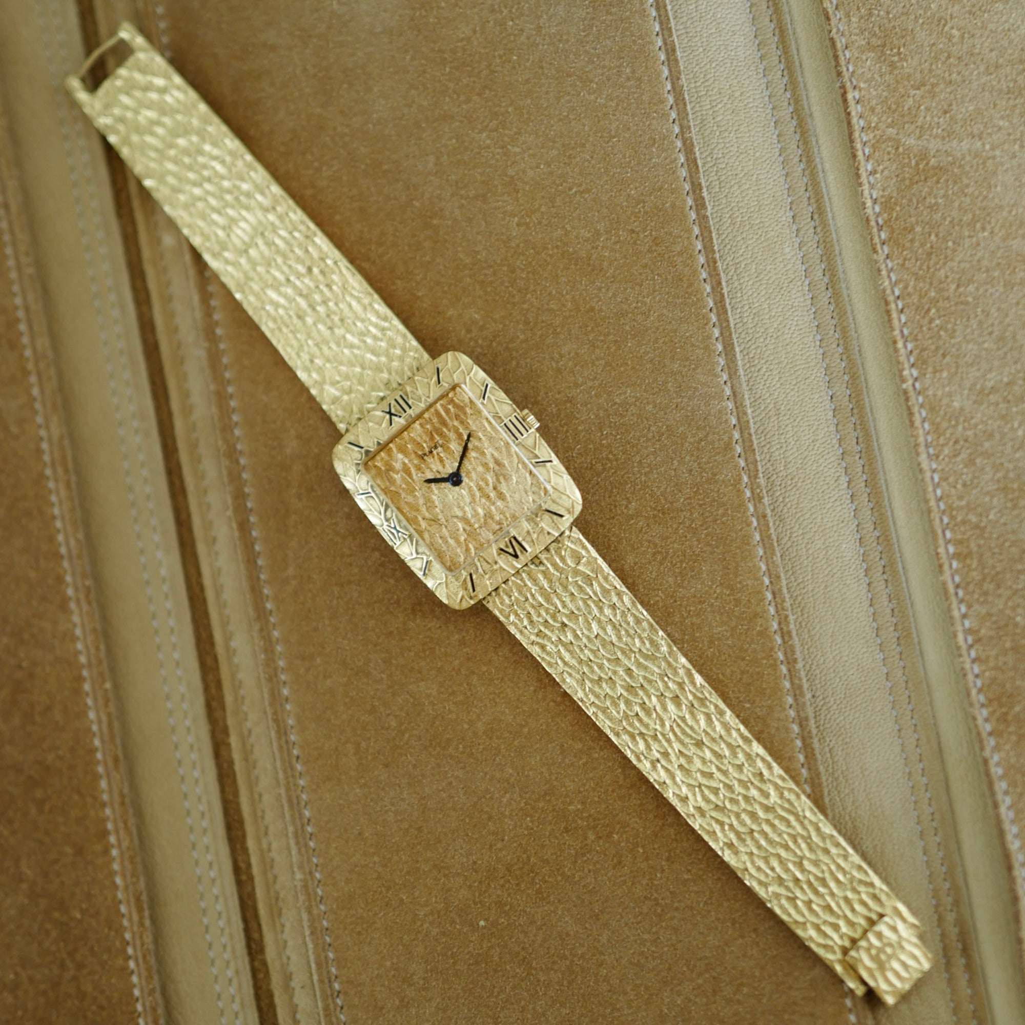 Piaget Yellow Gold Textured Bracelet Watch with Enamel Markers (New Arrival)