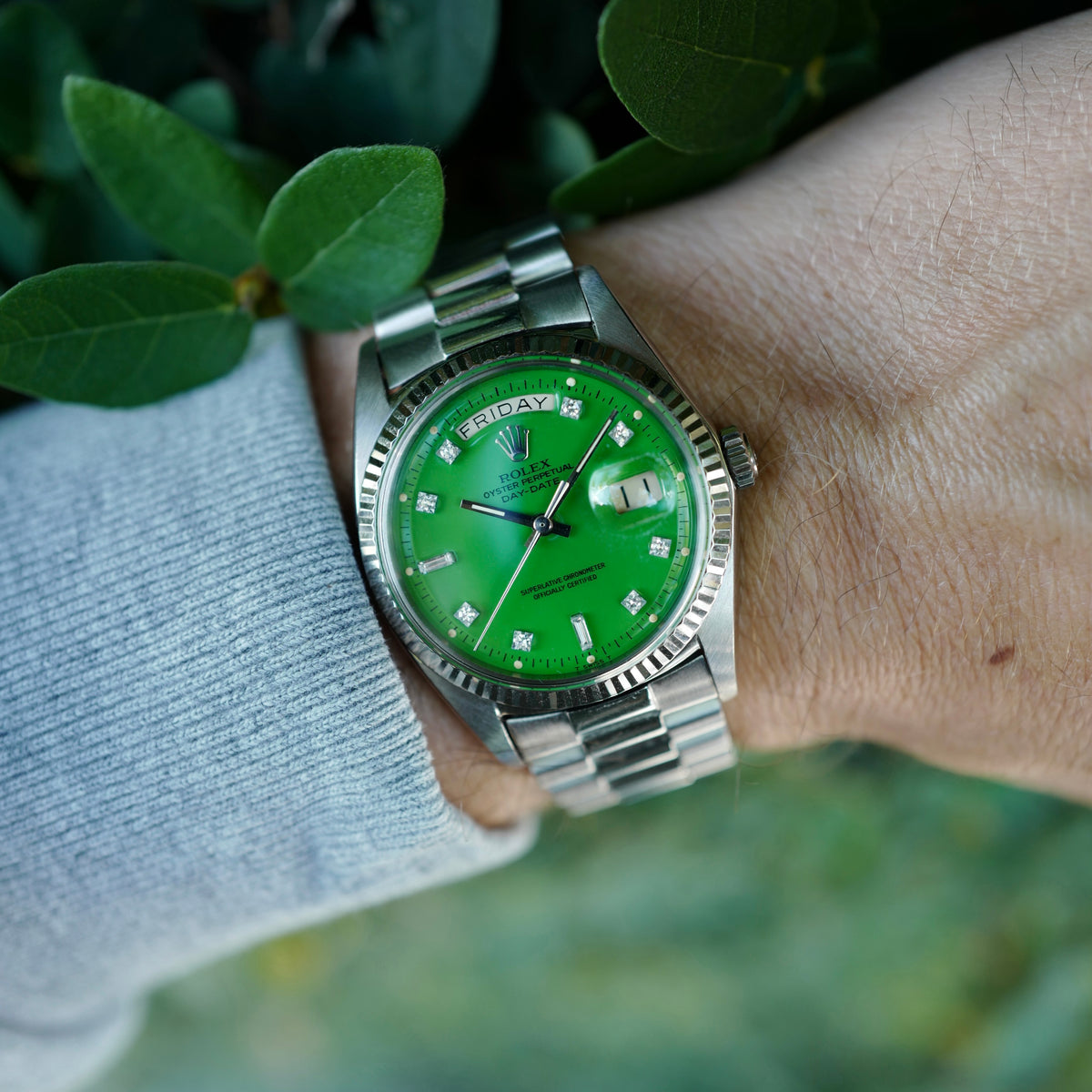 Rolex White Gold Day-Date Green Stella Watch Ref. 1803